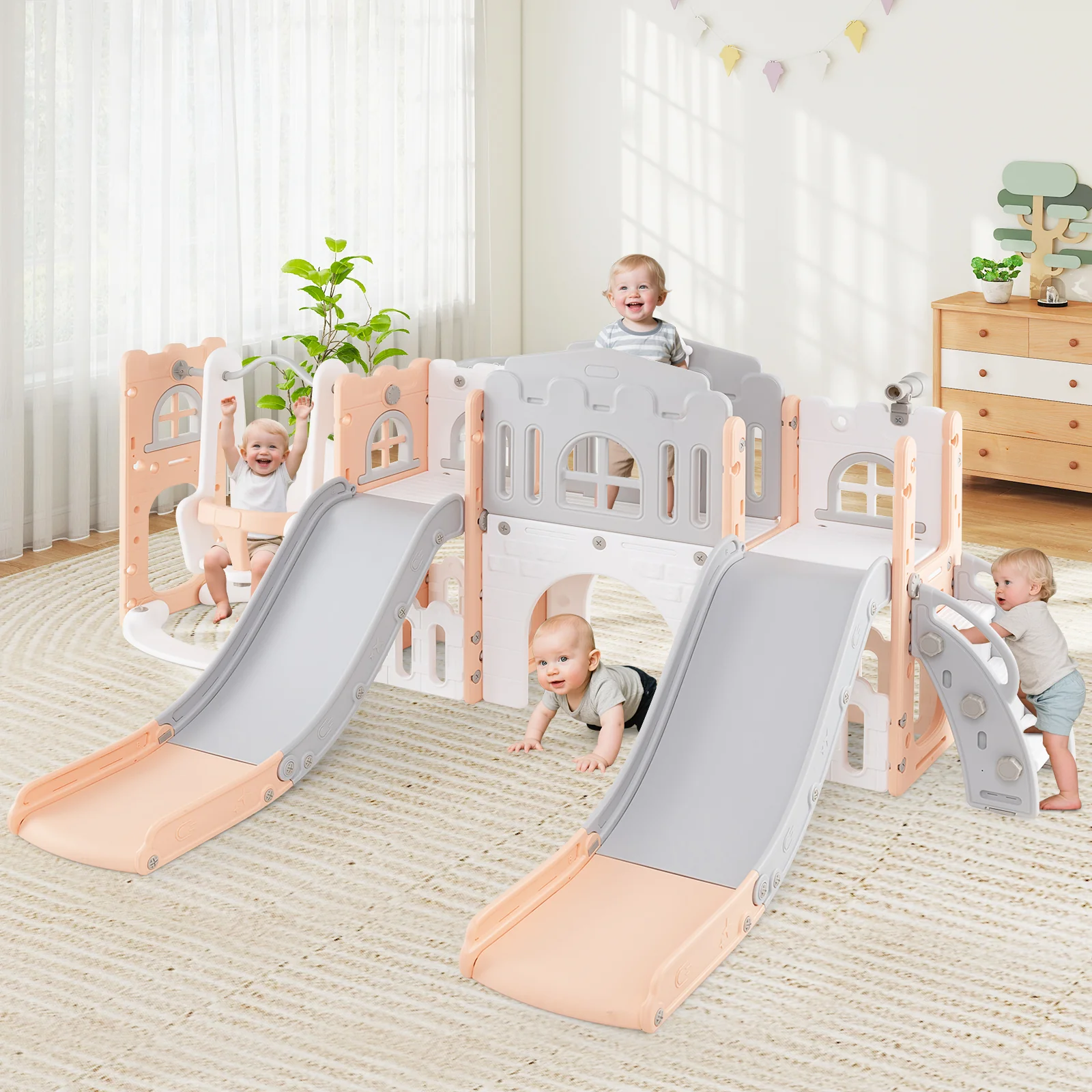 10 in 1 Toddler Swing and Slide Set, Kids Double Slides and Climber Playset - Image 2