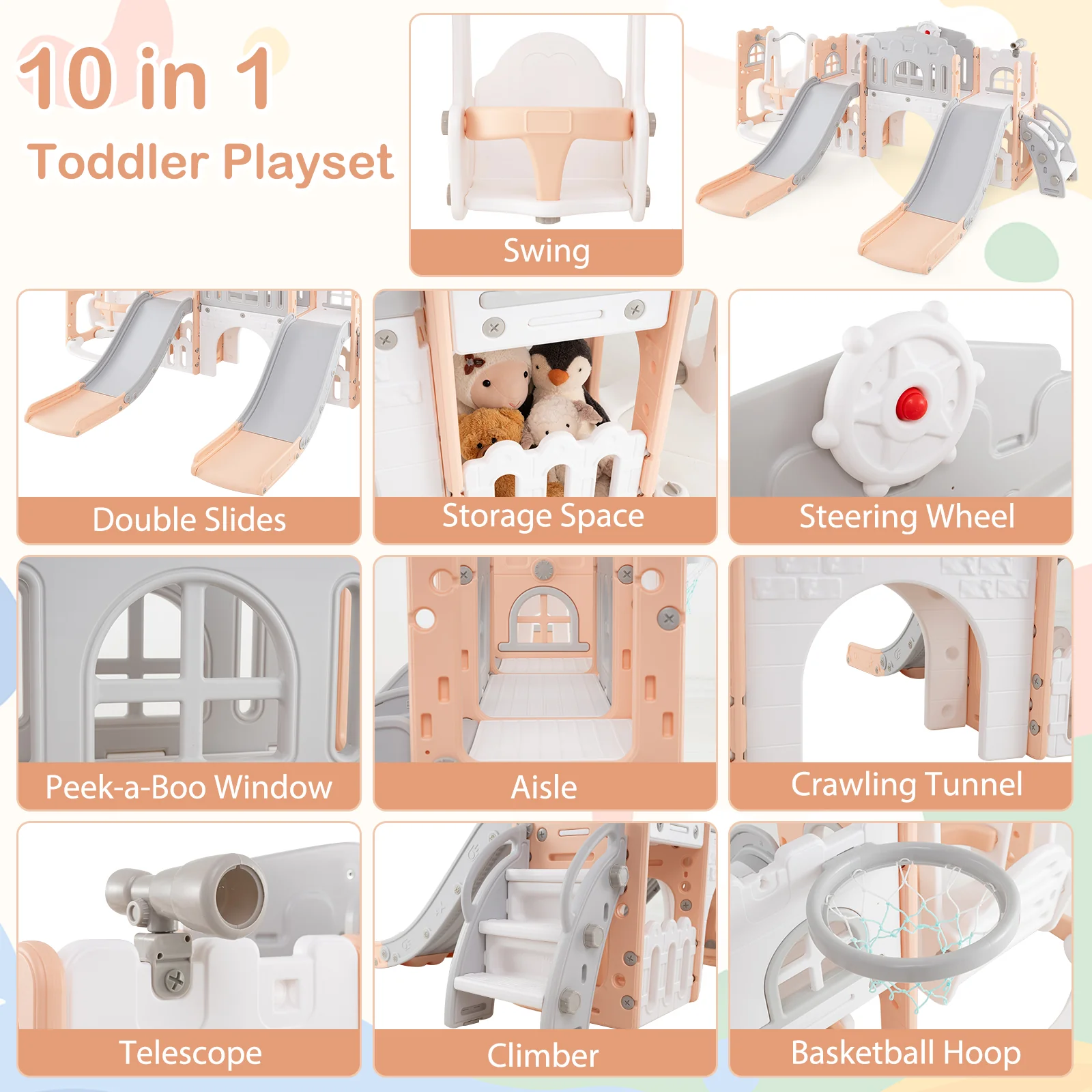 10 in 1 Toddler Swing and Slide Set, Kids Double Slides and Climber Playset - Image 5