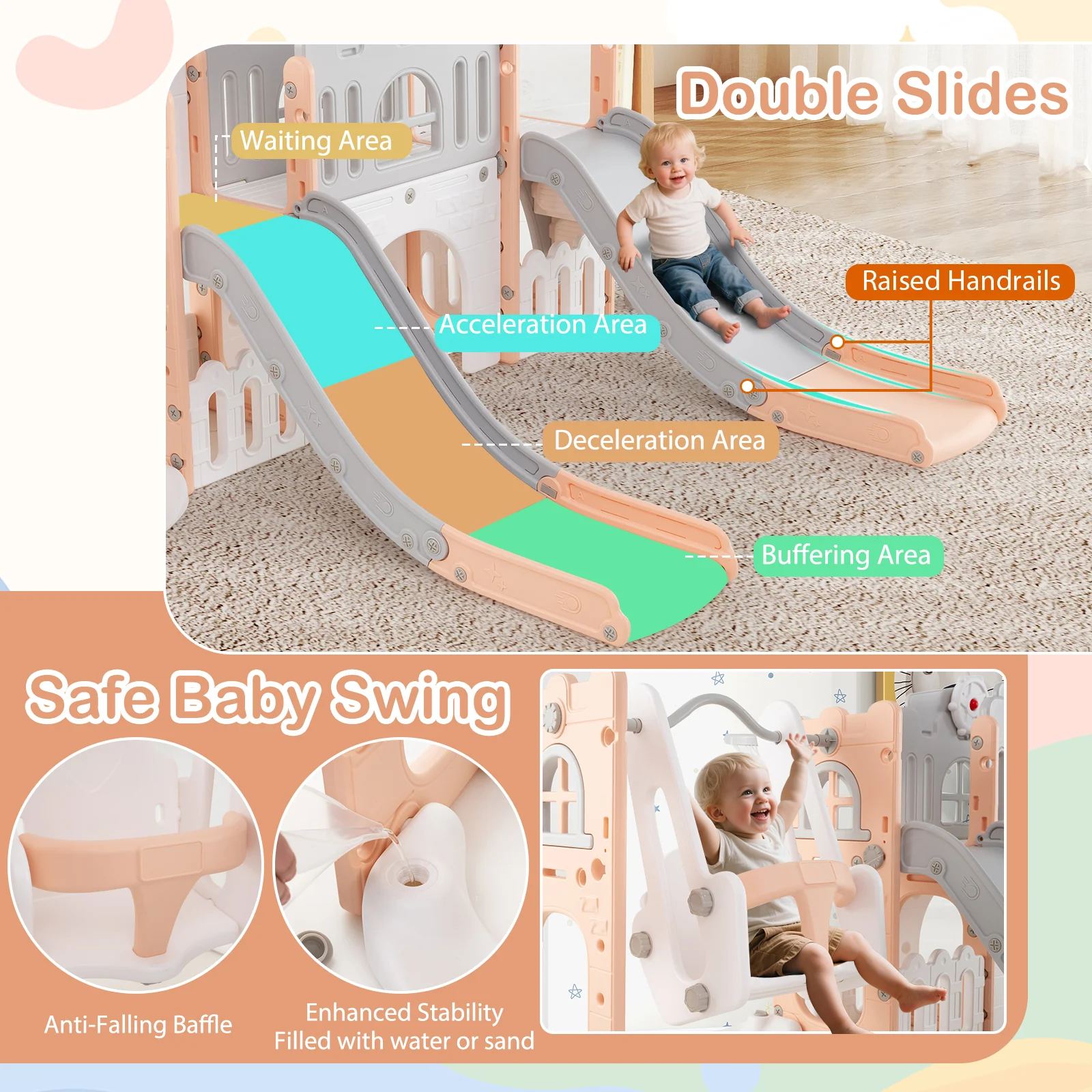 10 in 1 Toddler Swing and Slide Set, Kids Double Slides and Climber Playset - Image 6
