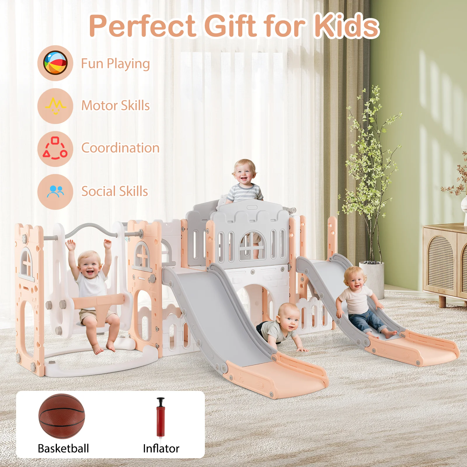10 in 1 Toddler Swing and Slide Set, Kids Double Slides and Climber Playset - Image 9