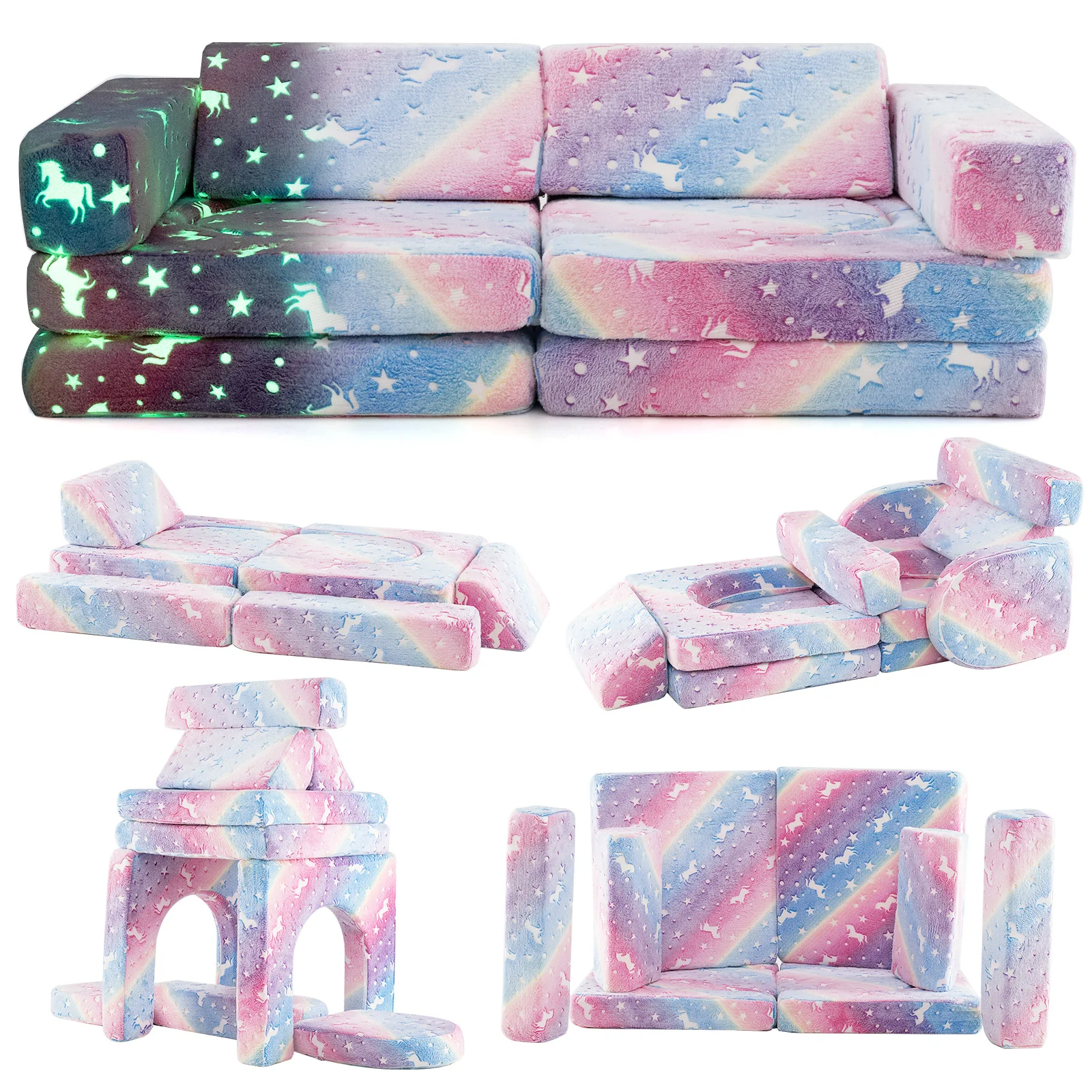 10 Pcs Modular Kids Play Couch, Toddler Sectional Sofa Glow in the Dark, Convertible Baby Sofa & Floor Cushion