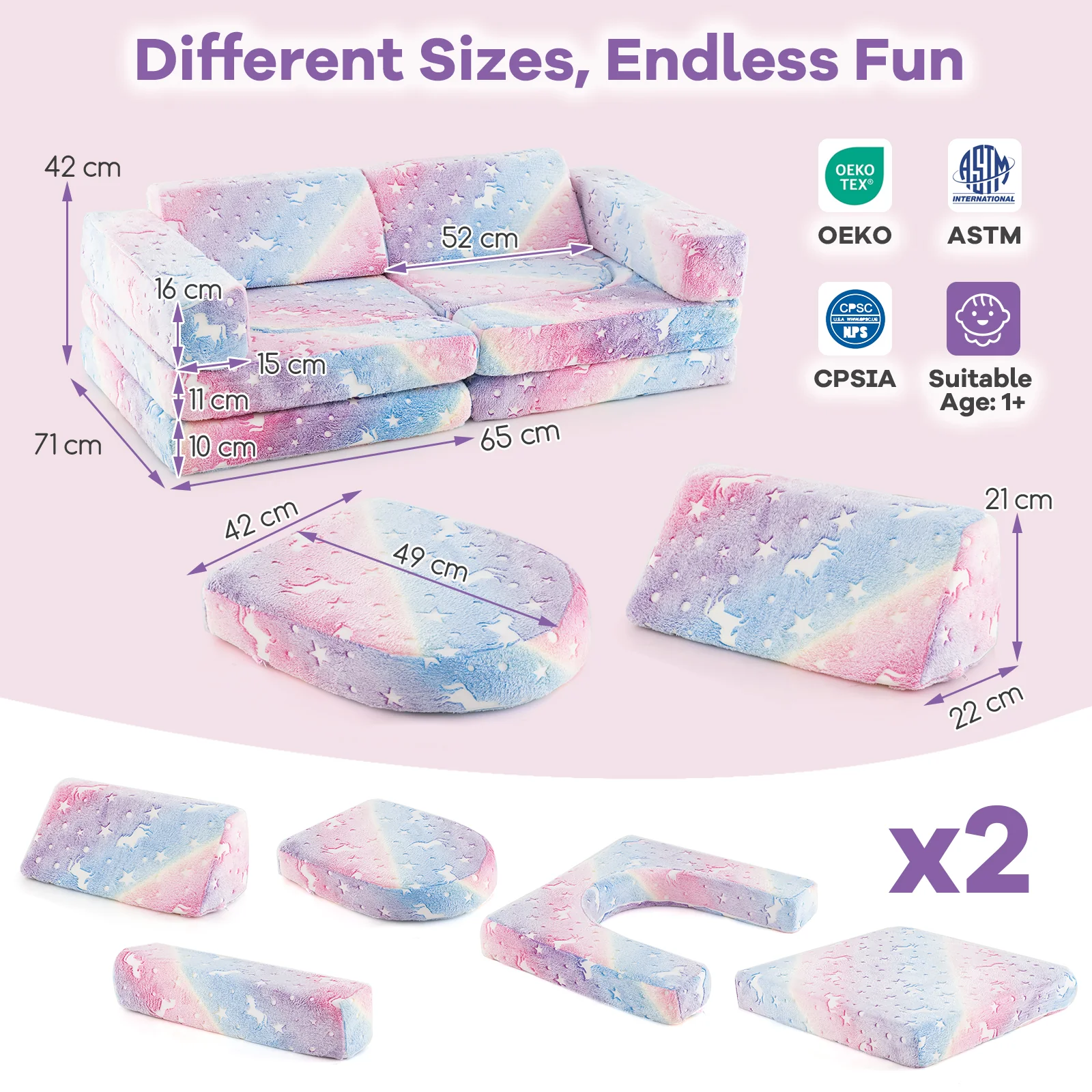 10 Pcs Modular Kids Play Couch, Toddler Sectional Sofa Glow in the Dark, Convertible Baby Sofa & Floor Cushion - Image 10
