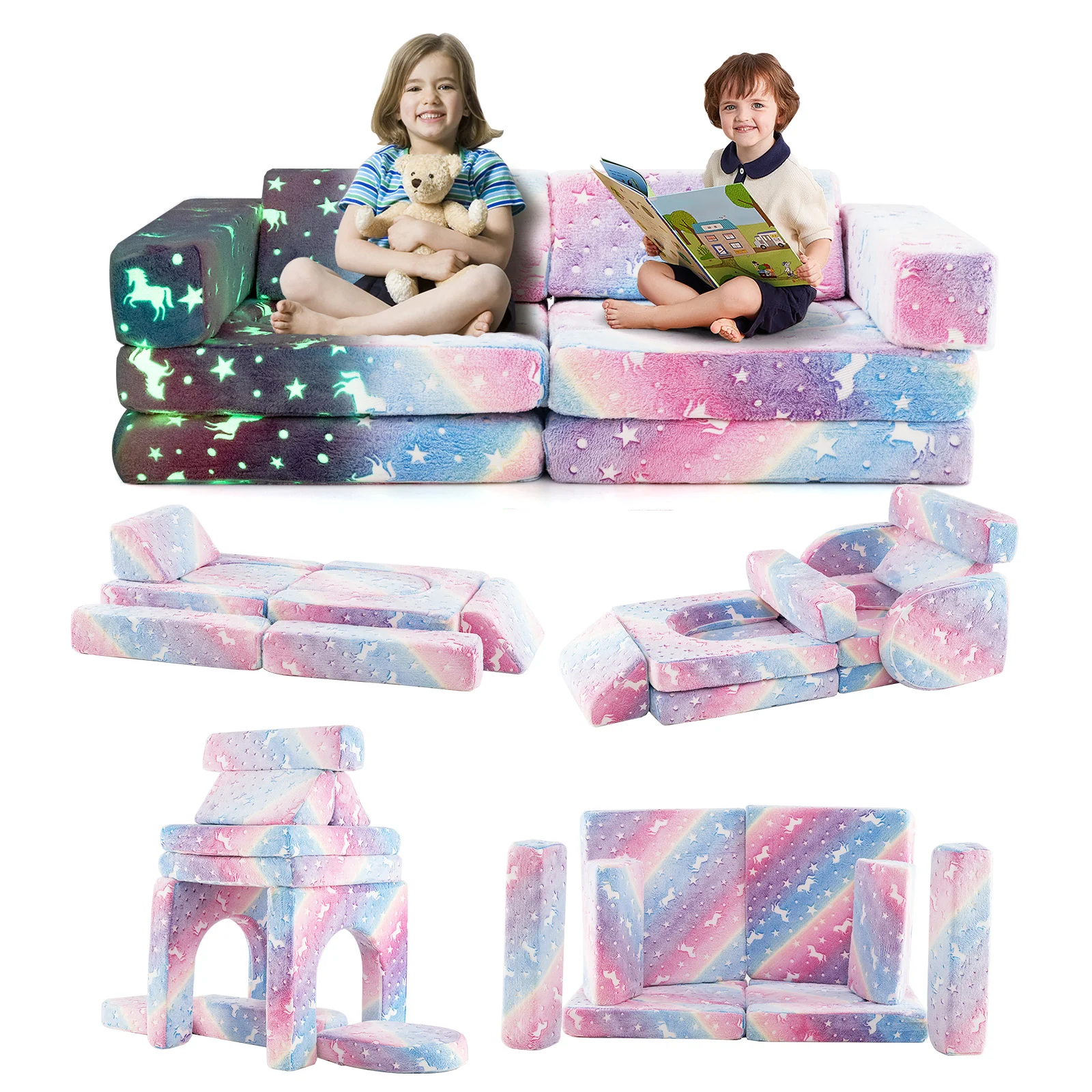 10 Pcs Modular Kids Play Couch, Toddler Sectional Sofa Glow in the Dark, Convertible Baby Sofa & Floor Cushion - Image 11