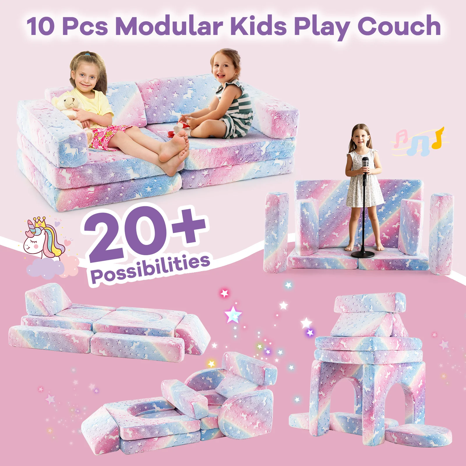 10 Pcs Modular Kids Play Couch, Toddler Sectional Sofa Glow in the Dark, Convertible Baby Sofa & Floor Cushion - Image 3