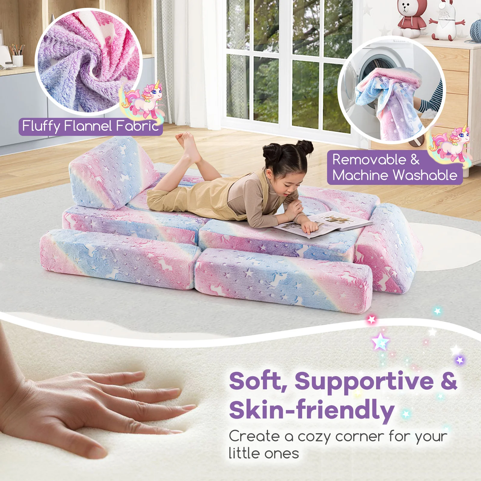 10 Pcs Modular Kids Play Couch, Toddler Sectional Sofa Glow in the Dark, Convertible Baby Sofa & Floor Cushion - Image 4