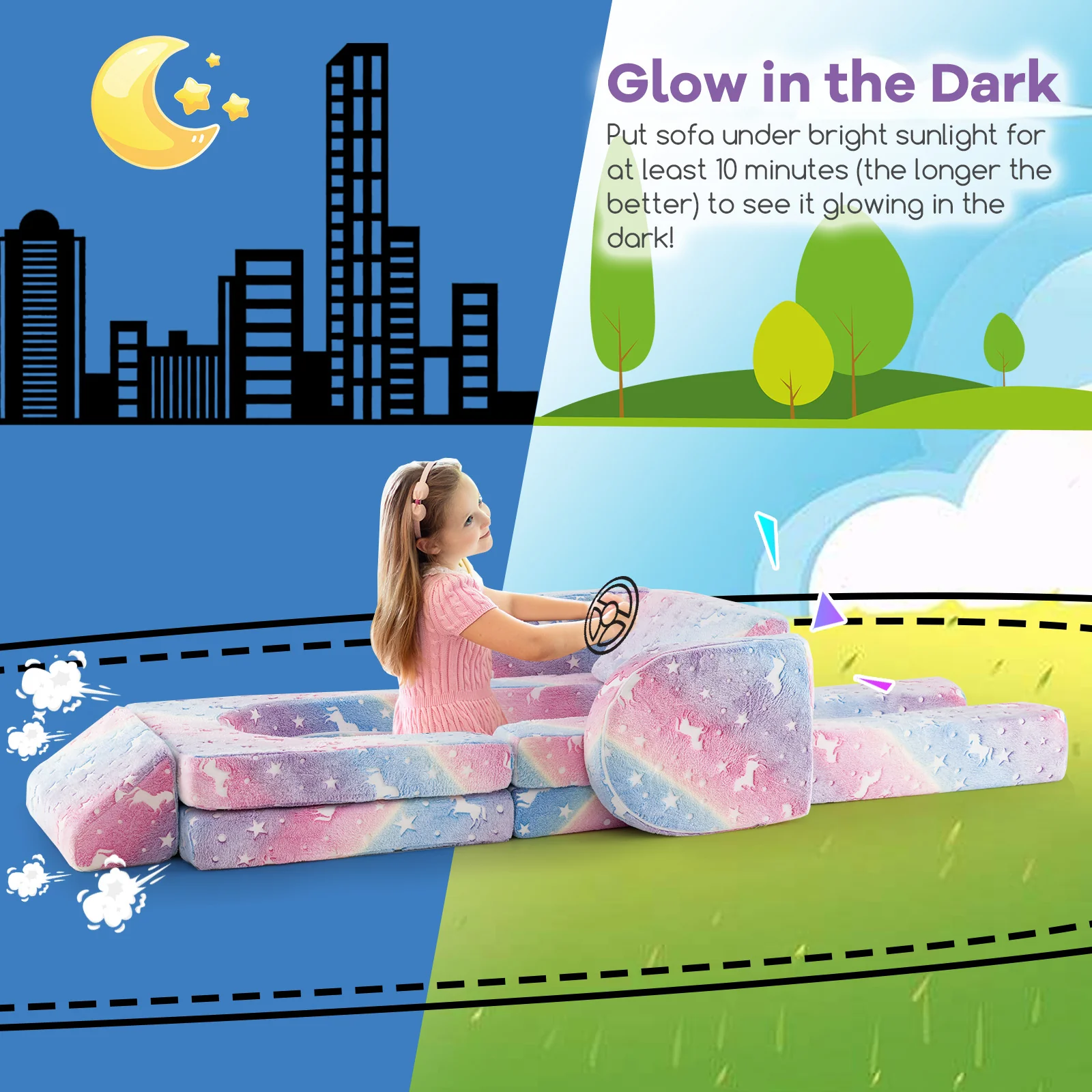 10 Pcs Modular Kids Play Couch, Toddler Sectional Sofa Glow in the Dark, Convertible Baby Sofa & Floor Cushion - Image 5