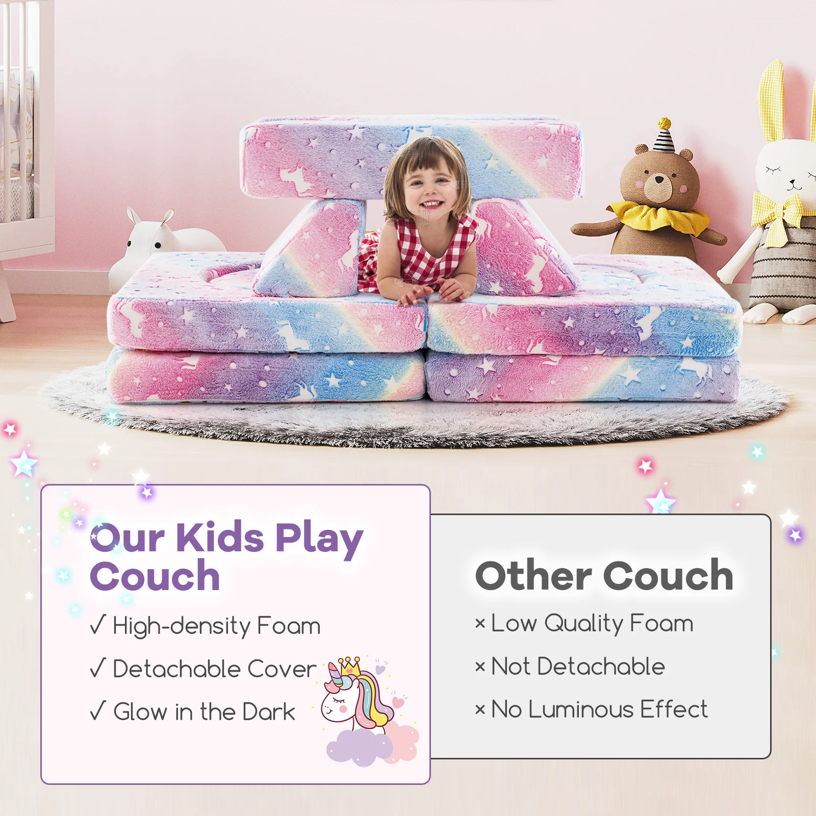 10 Pcs Modular Kids Play Couch, Toddler Sectional Sofa Glow in the Dark, Convertible Baby Sofa & Floor Cushion - Image 7
