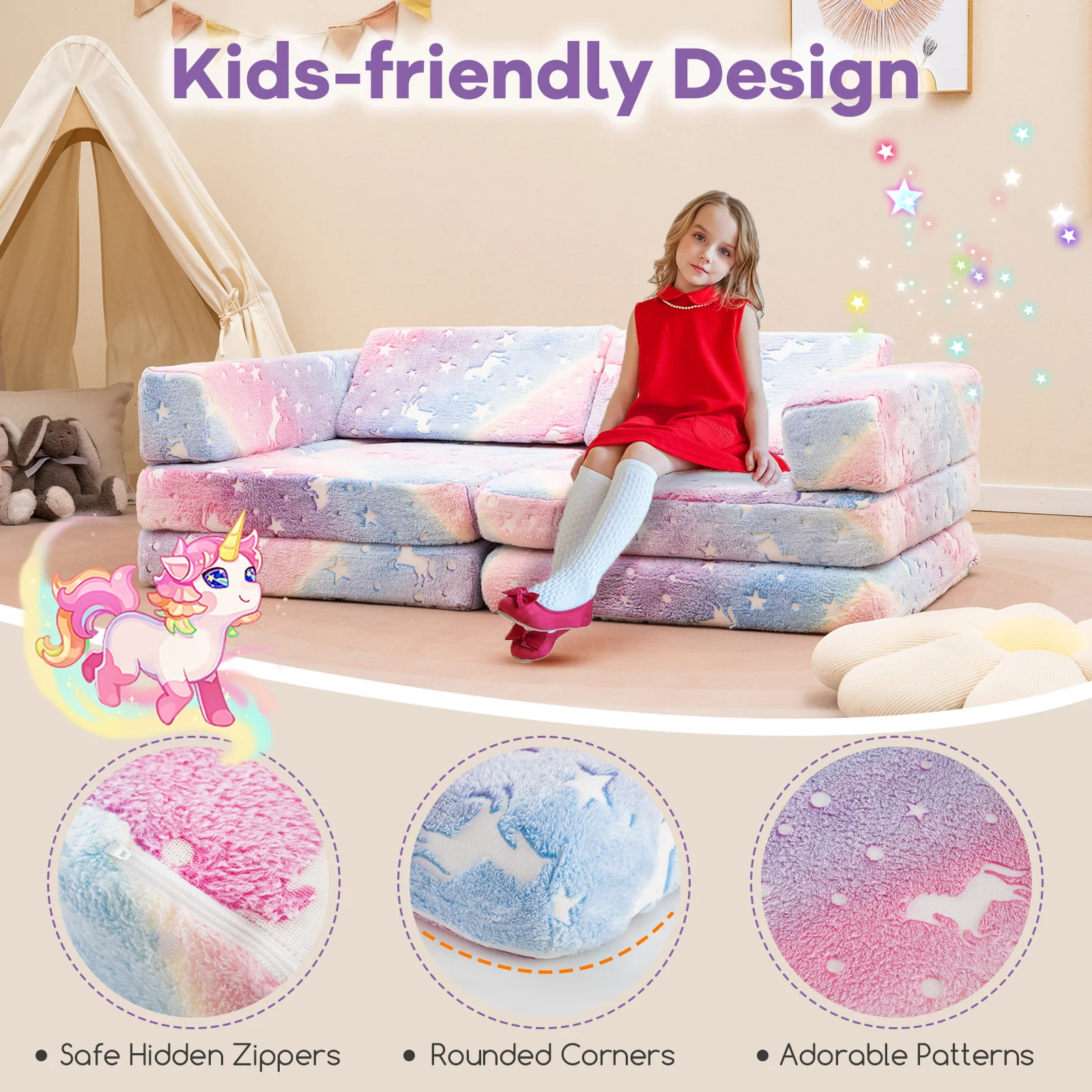 10 Pcs Modular Kids Play Couch, Toddler Sectional Sofa Glow in the Dark, Convertible Baby Sofa & Floor Cushion - Image 9