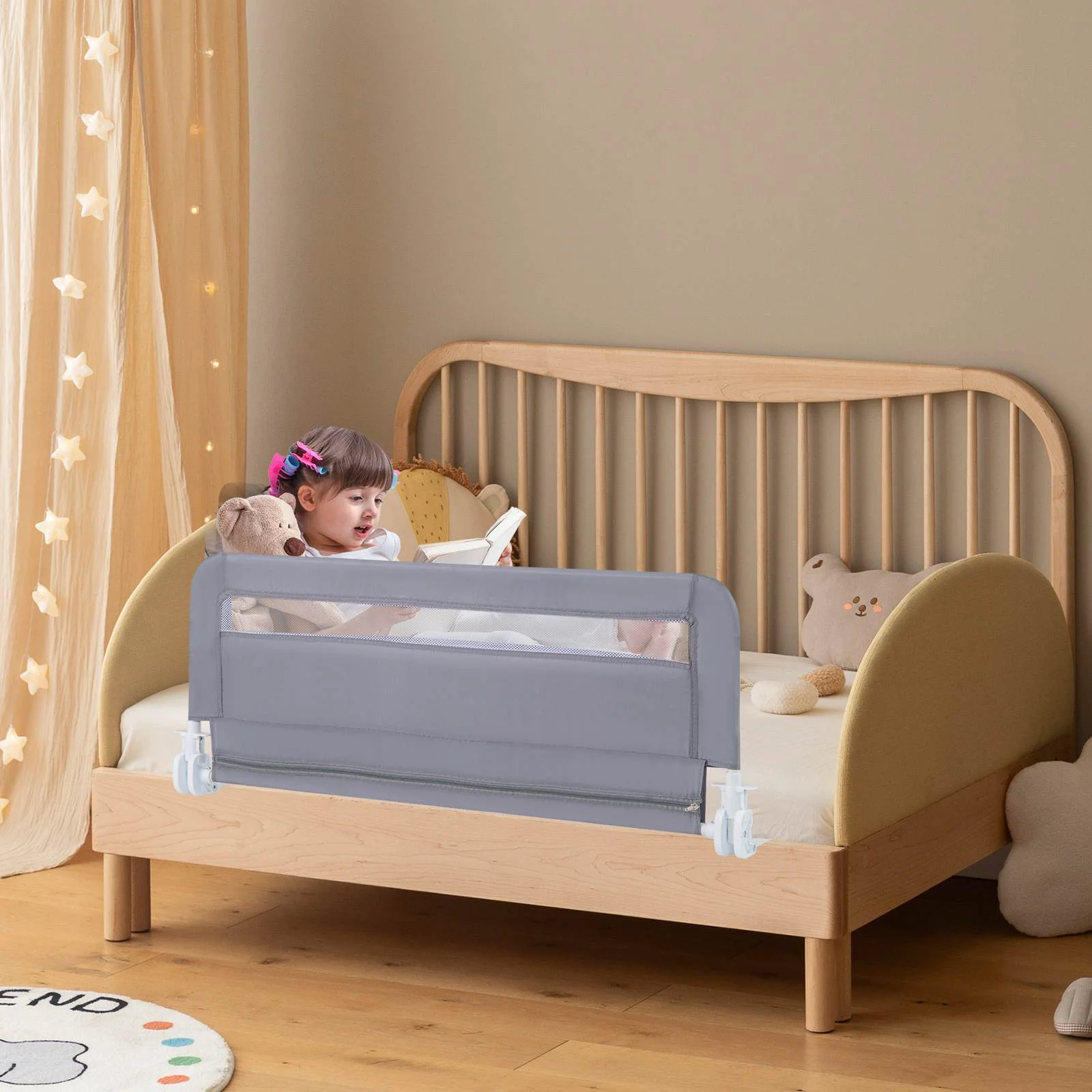 BABY JOY Toddler Foldable Bed Rail Cot Guard Baby Kids Bedrail with Safety Strap - Image 2