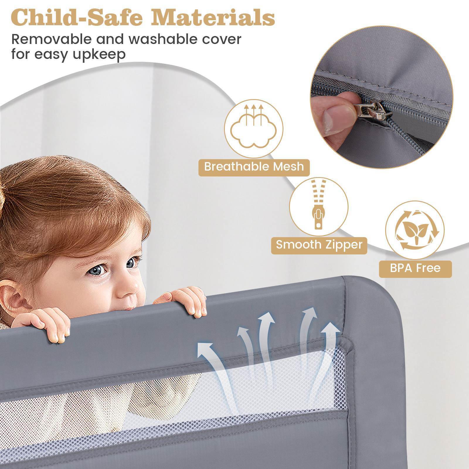 BABY JOY Toddler Foldable Bed Rail Cot Guard Baby Kids Bedrail with Safety Strap - Image 5