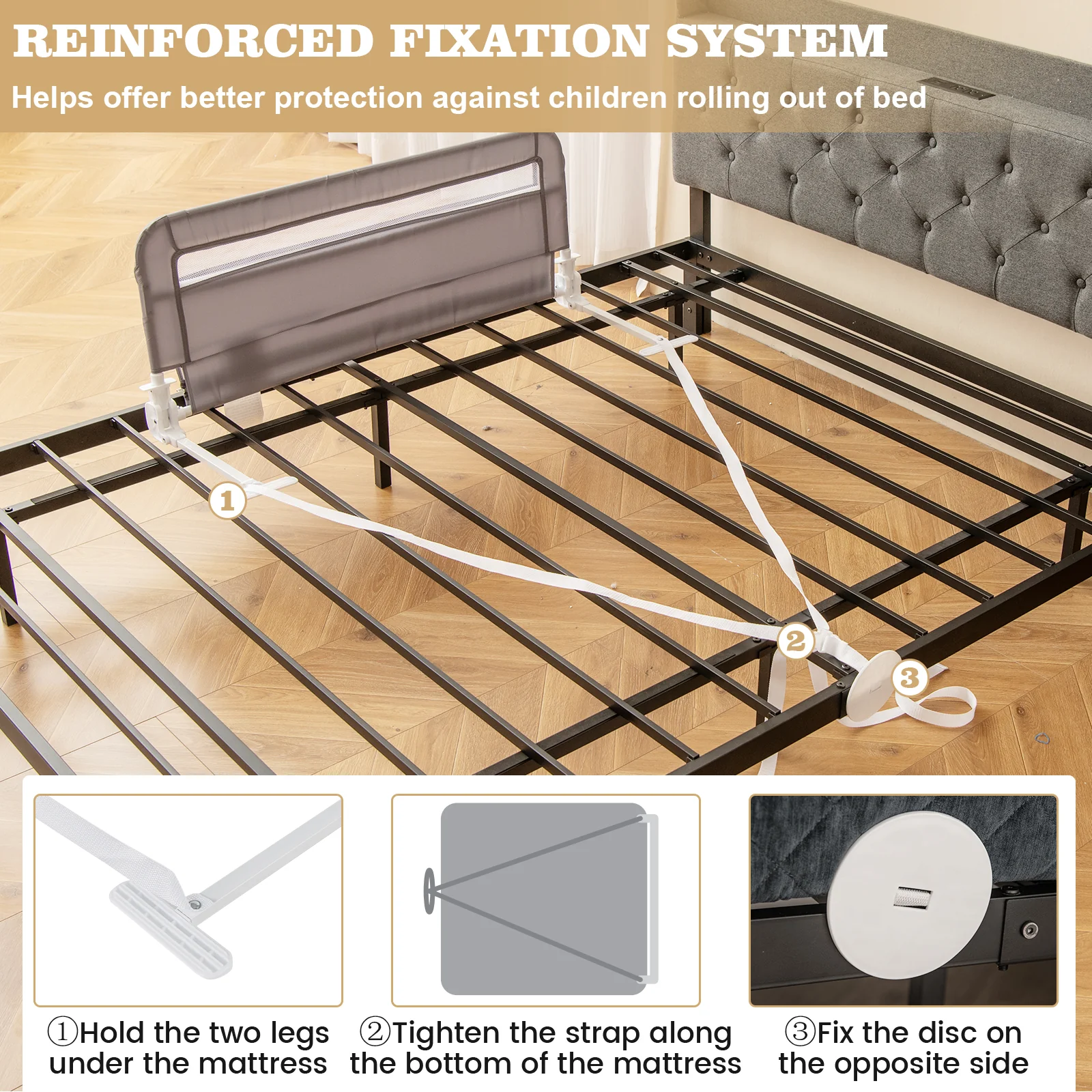 BABY JOY Toddler Foldable Bed Rail Cot Guard Baby Kids Bedrail with Safety Strap - Image 7