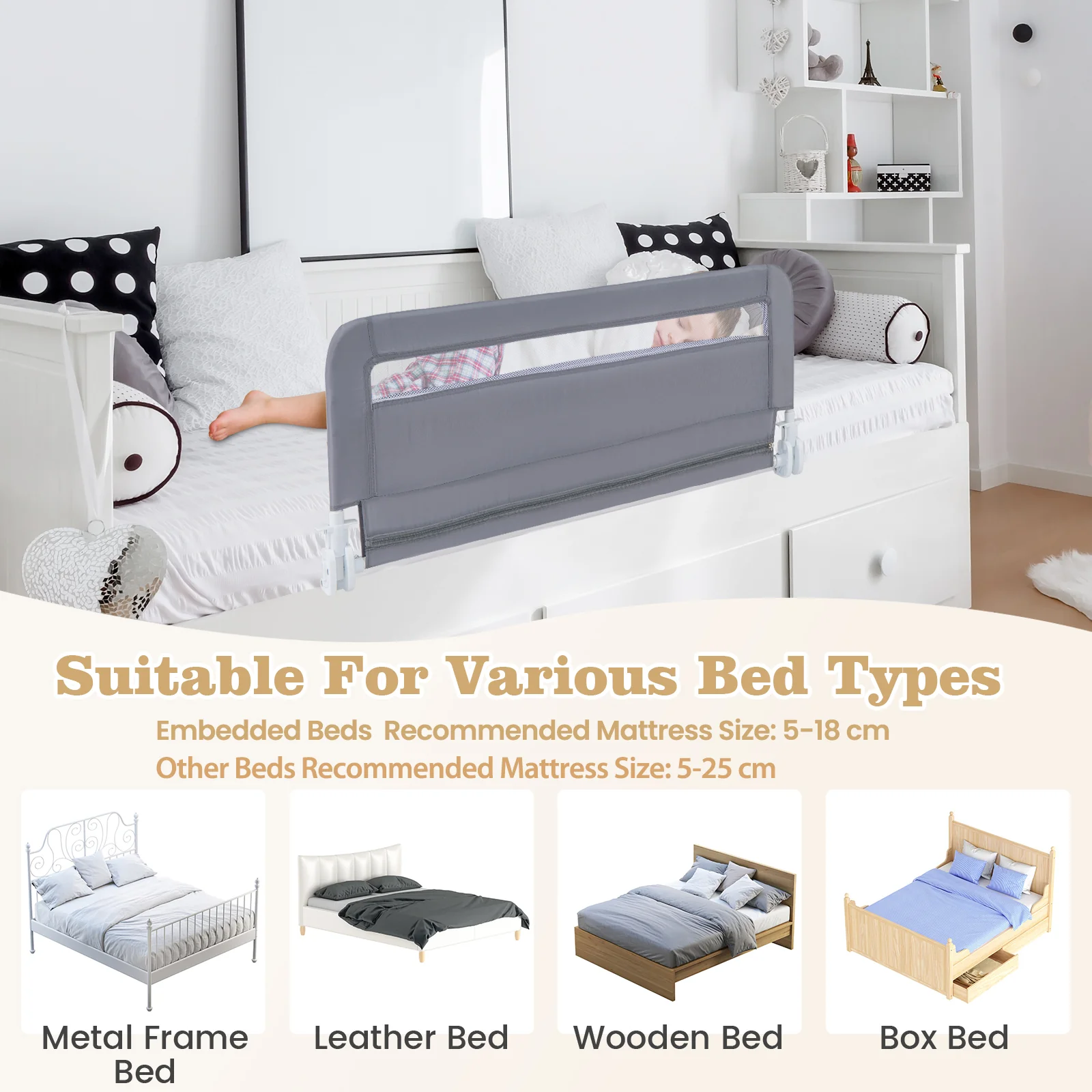 BABY JOY Toddler Foldable Bed Rail Cot Guard Baby Kids Bedrail with Safety Strap - Image 8