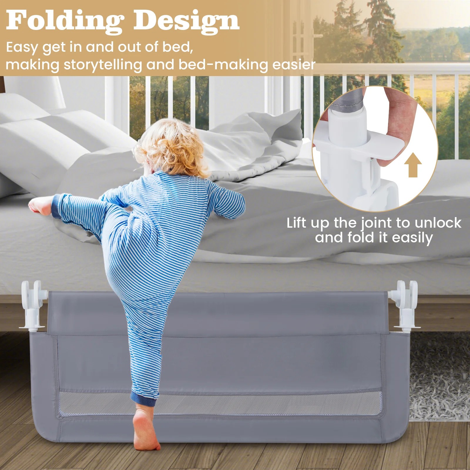 BABY JOY Toddler Foldable Bed Rail Cot Guard Baby Kids Bedrail with Safety Strap - Image 9