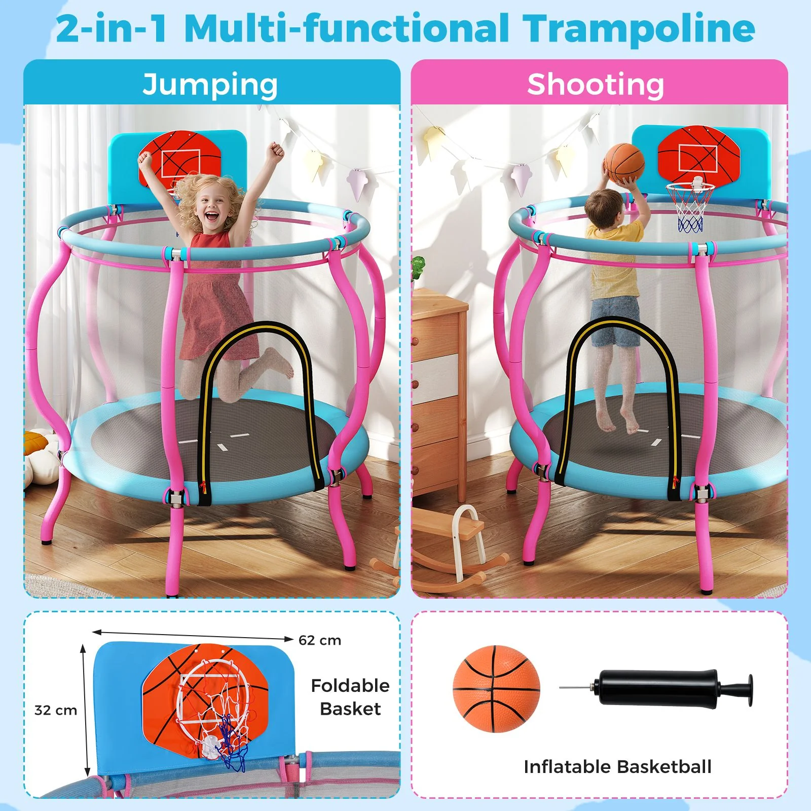 120cm Kids Trampoline with Basketball Hoop and Tall Enclosure Net - Image 4