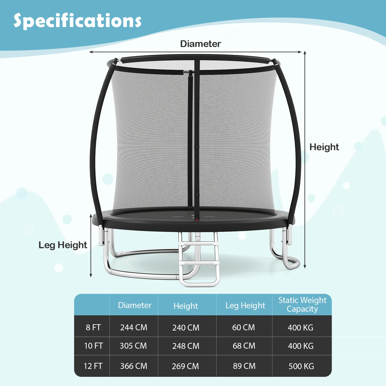 12FT 10FT 8FT Outdoor Trampoline, Heavy-Duty Recreational Trampoline with Safety Enclosure Net - Image 9