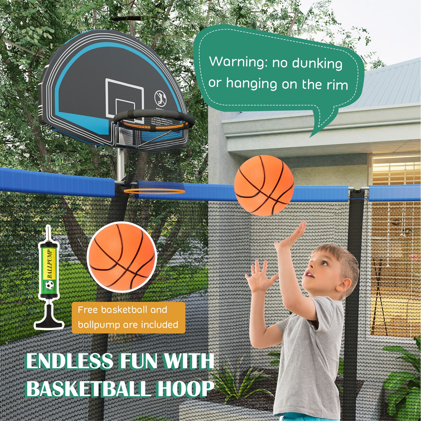12FT Outdoor Trampoline with Basketball Hoop and Enclosure Net - Image 2