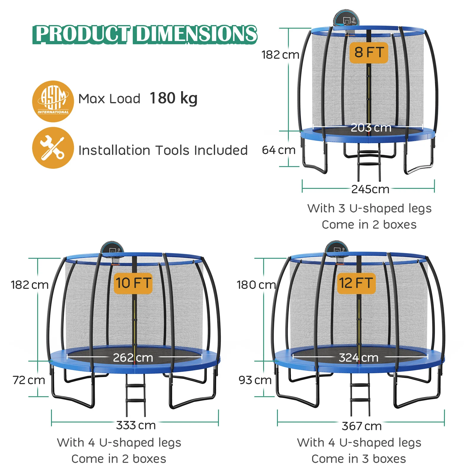 12FT Outdoor Trampoline with Basketball Hoop and Enclosure Net - Image 3