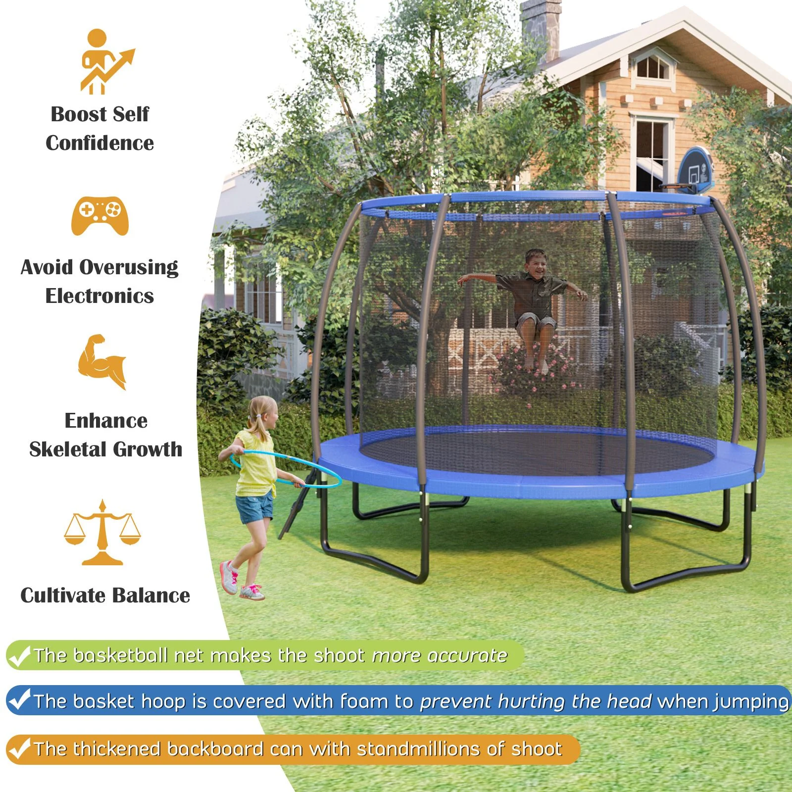 12FT Outdoor Trampoline with Basketball Hoop and Enclosure Net - Image 6