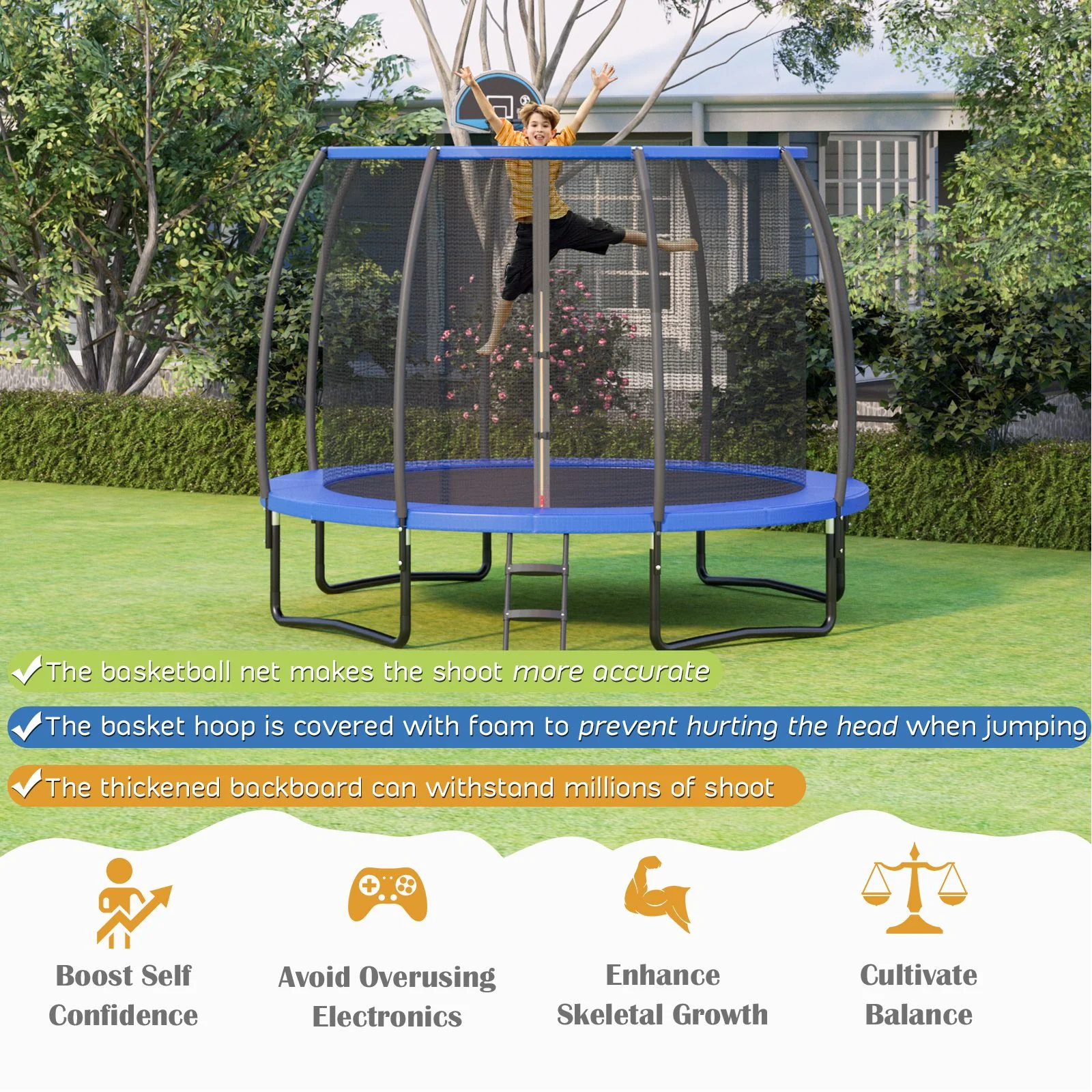 12FT Outdoor Trampoline with Basketball Hoop and Enclosure Net - Image 8