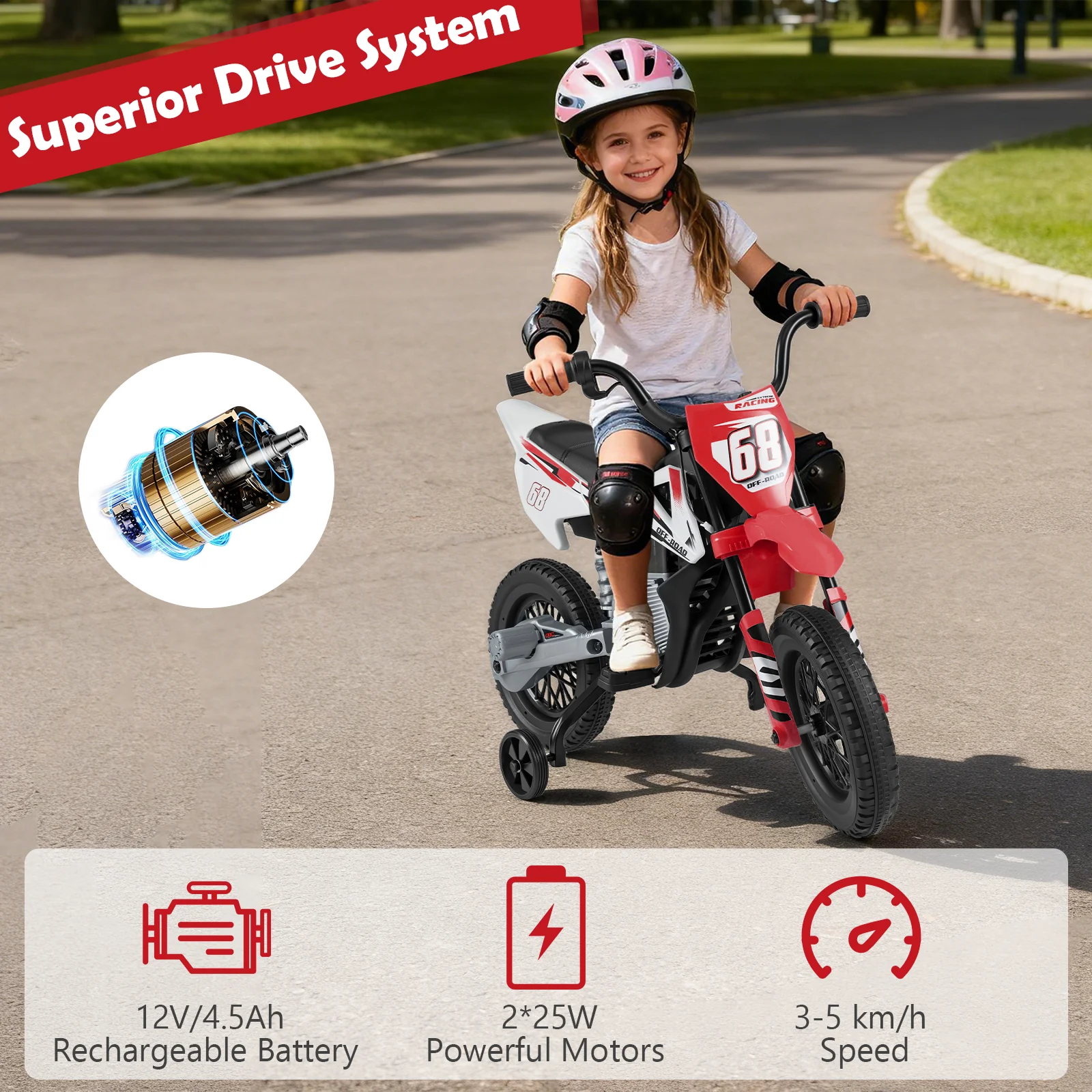 12V Kids Motorcycle with Training Wheels and Spring Suspension - Image 6