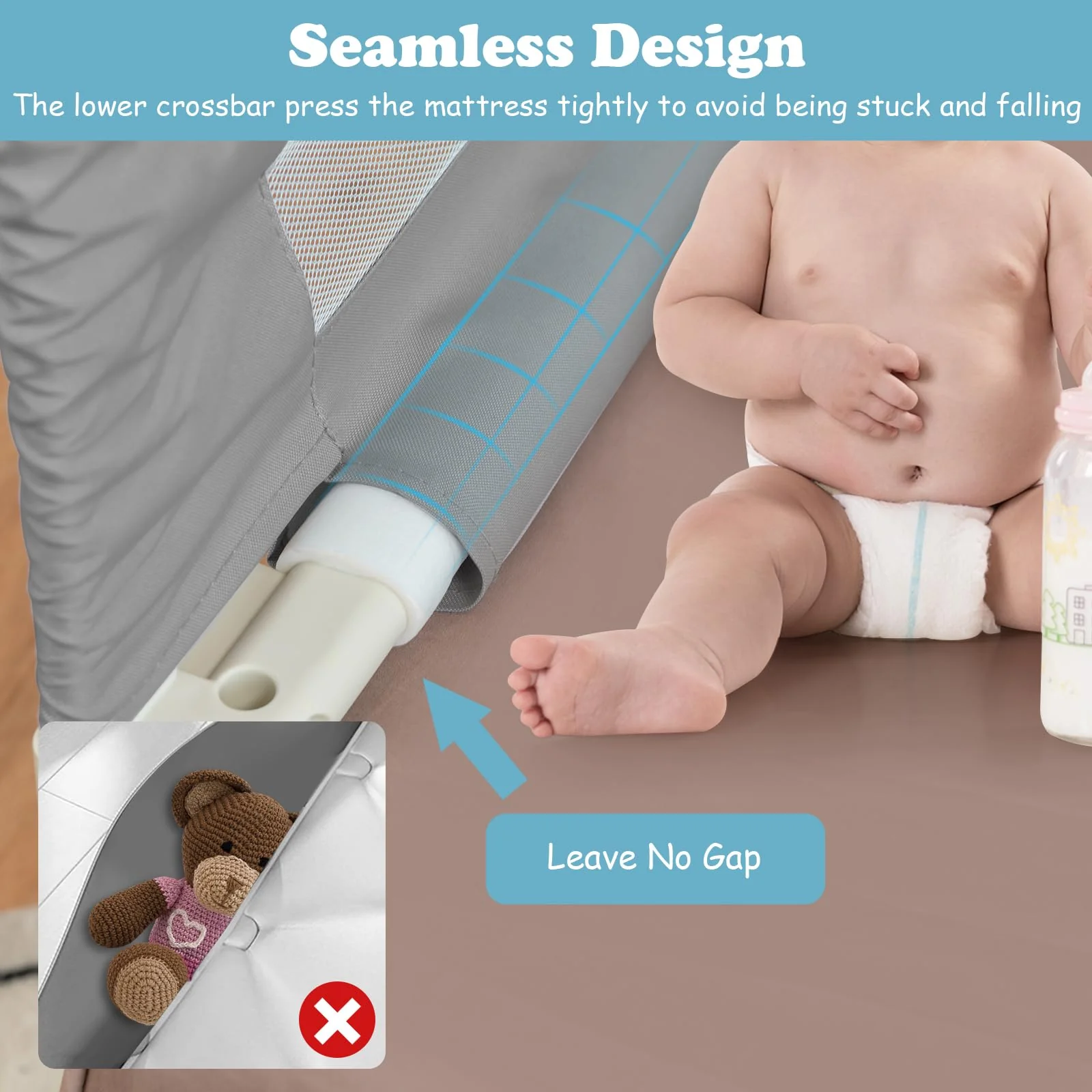 176CM Toddler Bedrail, 72.5-101.5 CM Extra Tall Bed Guardrail w/Anti-Collision Cotton - Image 3