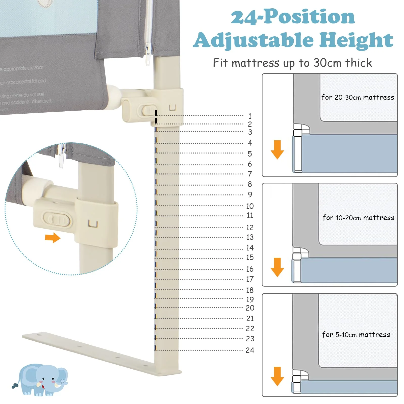 176CM Toddler Bedrail, 72.5-101.5 CM Extra Tall Bed Guardrail w/Anti-Collision Cotton - Image 4