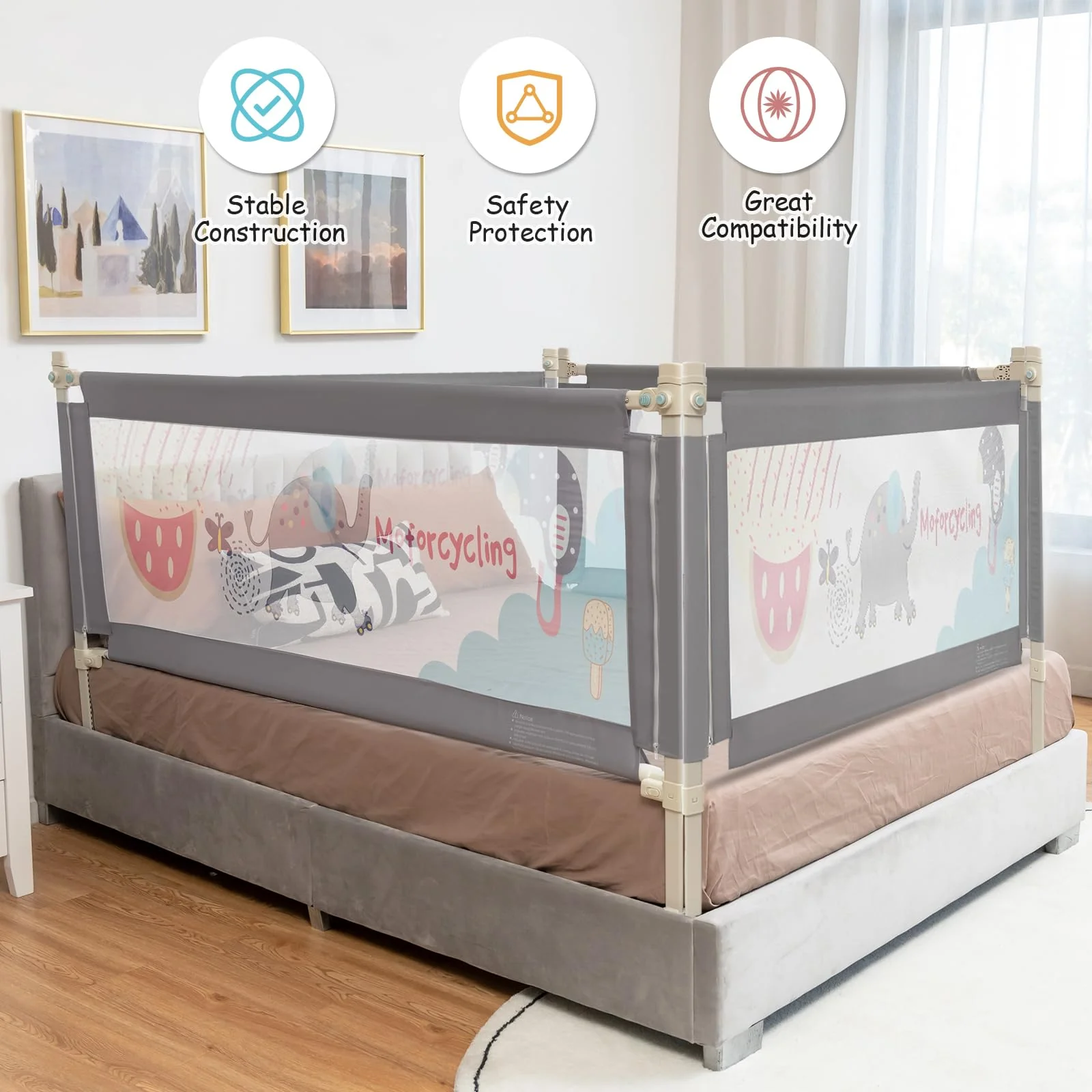 176CM Toddler Bedrail, 72.5-101.5 CM Extra Tall Bed Guardrail w/Anti-Collision Cotton - Image 6