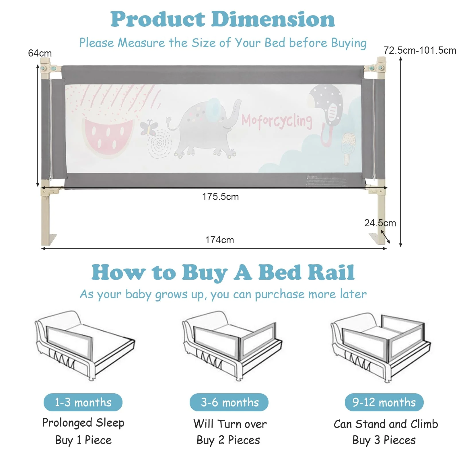 176CM Toddler Bedrail, 72.5-101.5 CM Extra Tall Bed Guardrail w/Anti-Collision Cotton - Image 7