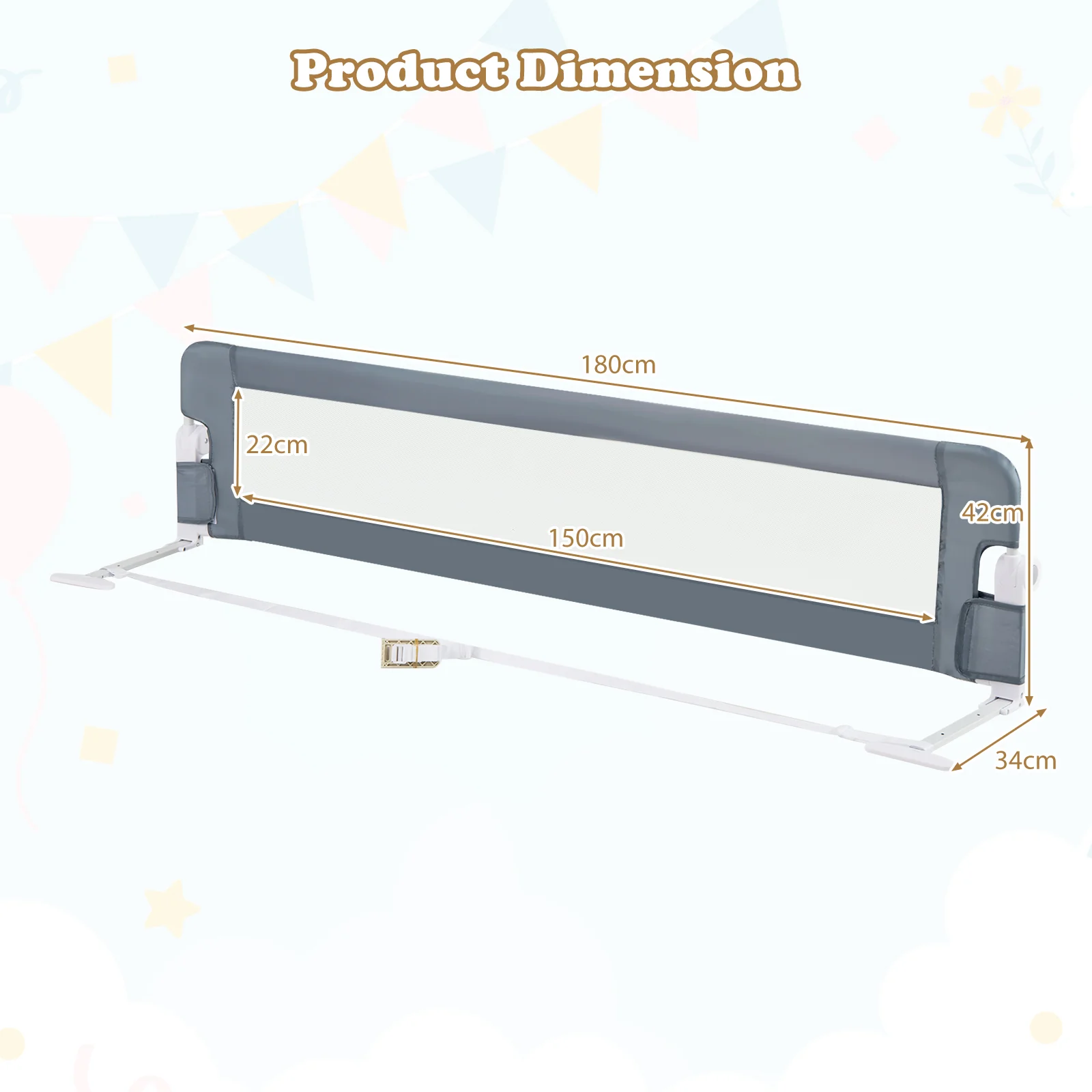 180 x 42 cm Foldable Bed Rail for Toddlers, Swing Down Baby Bed Guard Rail - Image 3