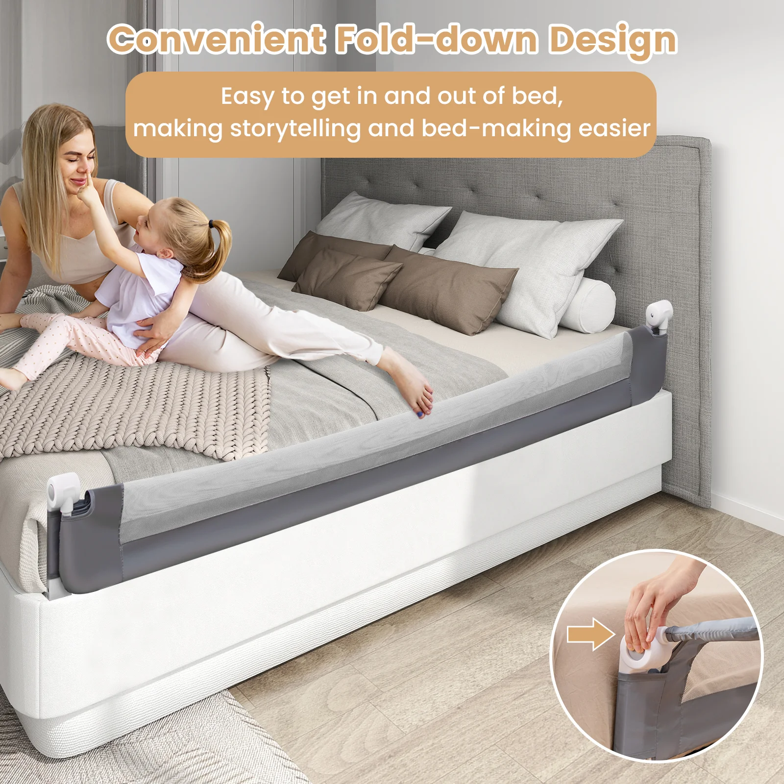 180 x 42 cm Foldable Bed Rail for Toddlers, Swing Down Baby Bed Guard Rail - Image 5