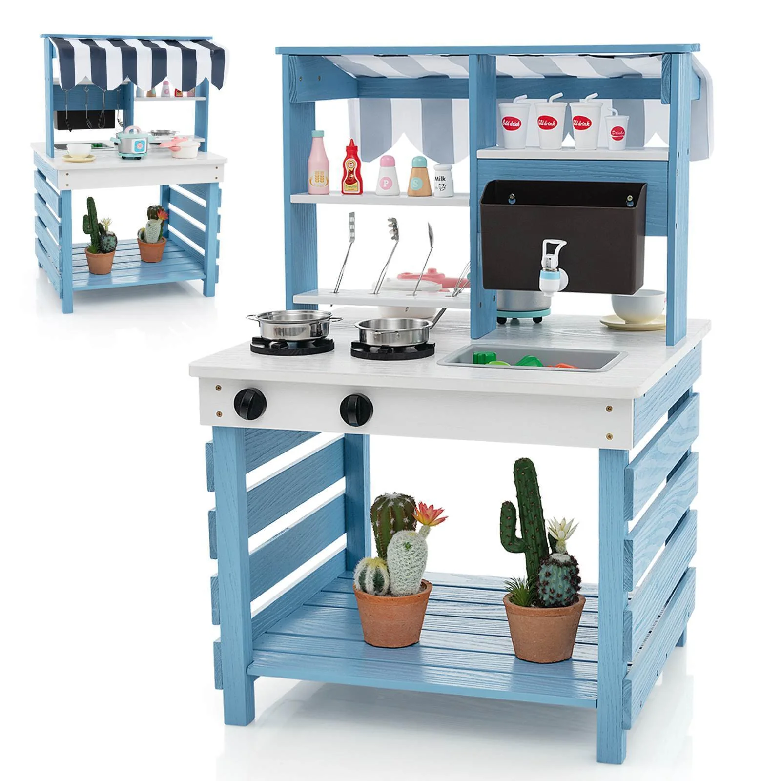 2-In-1 Double-Sided Kids Kitchen Playset Wooden Pretend Play Kitchen w/Canopy