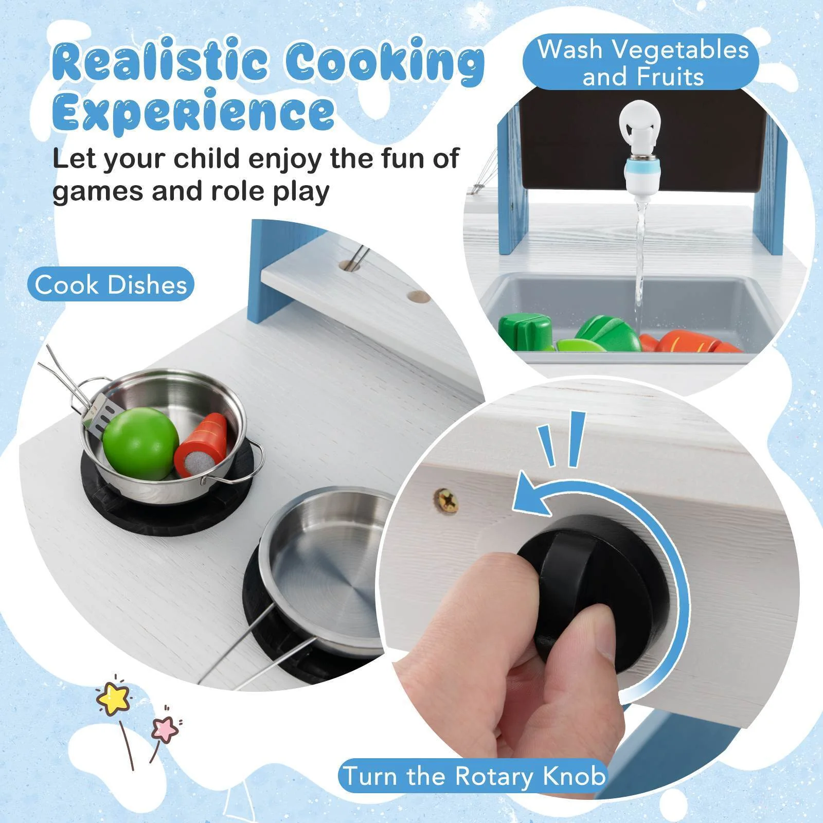 2-In-1 Double-Sided Kids Kitchen Playset Wooden Pretend Play Kitchen w/Canopy - Image 10