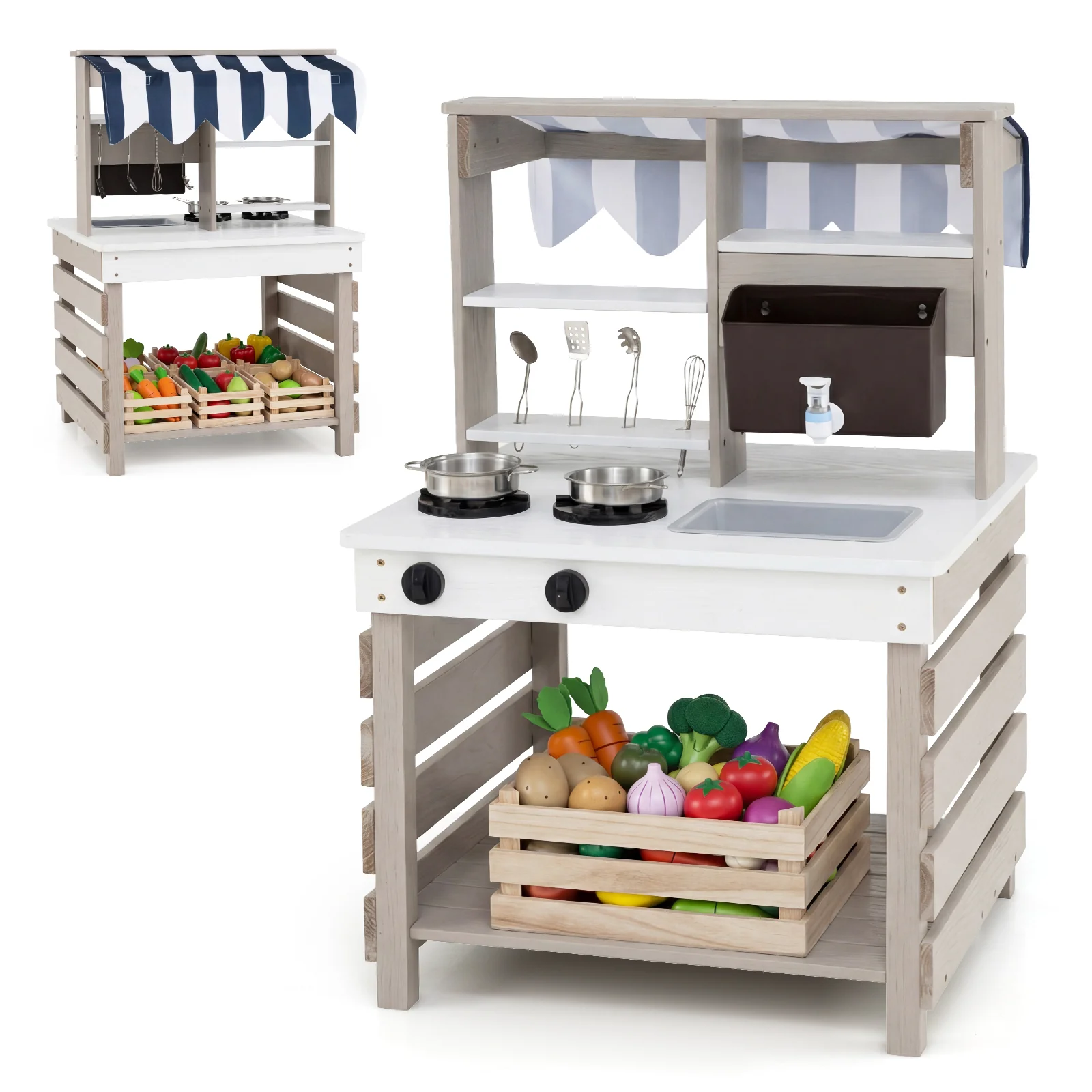 2-In-1 Double-Sided Kids Kitchen Playset Wooden Pretend Play Kitchen w/Canopy - Image 11