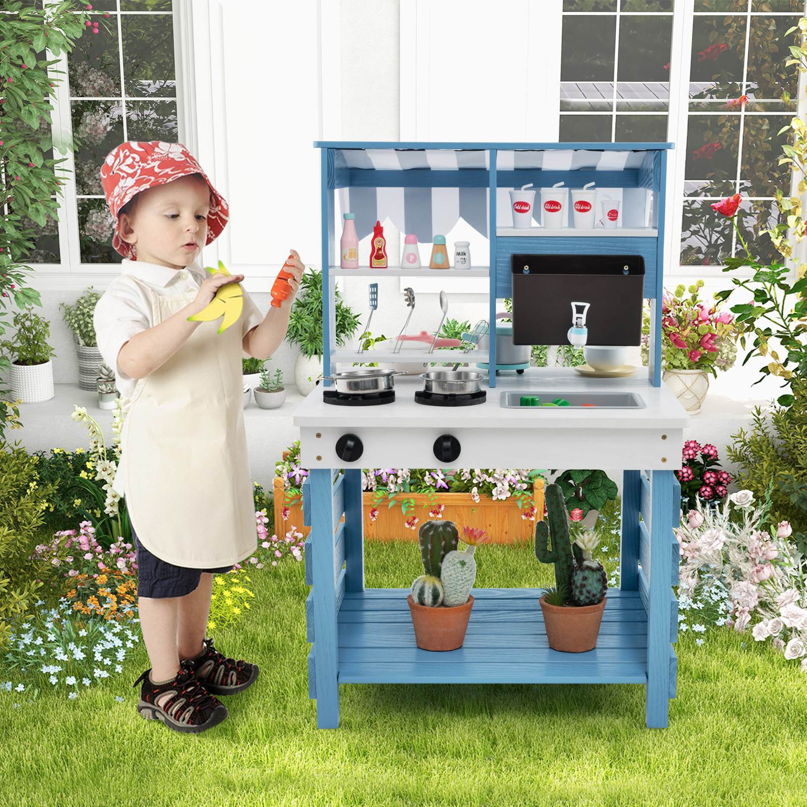 2-In-1 Double-Sided Kids Kitchen Playset Wooden Pretend Play Kitchen w/Canopy - Image 2