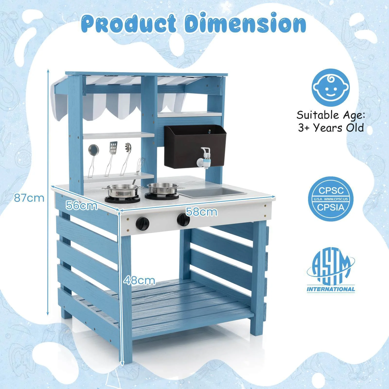2-In-1 Double-Sided Kids Kitchen Playset Wooden Pretend Play Kitchen w/Canopy - Image 3