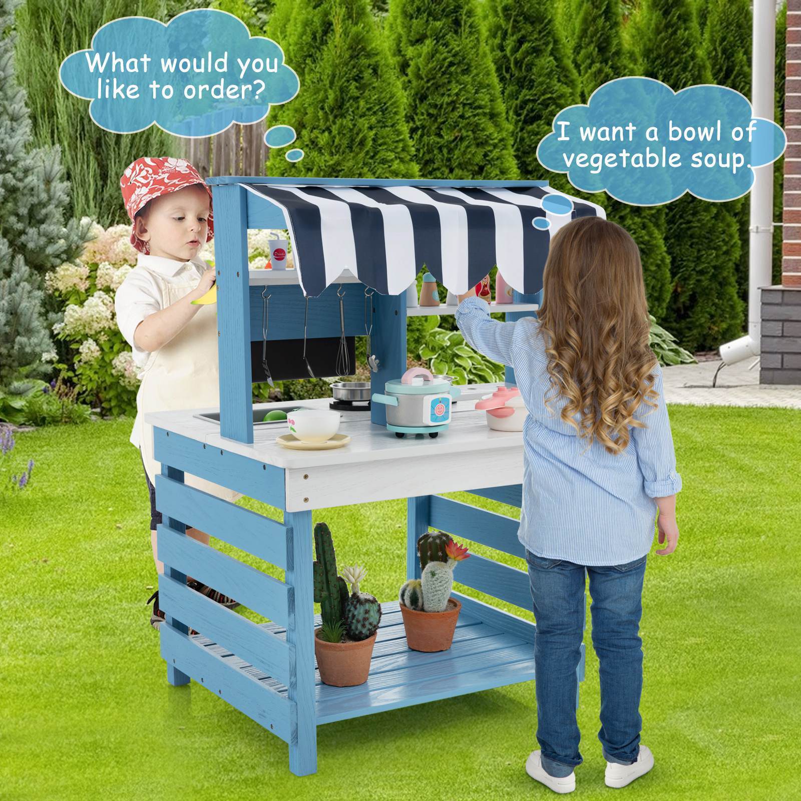 2-In-1 Double-Sided Kids Kitchen Playset Wooden Pretend Play Kitchen w/Canopy - Image 4