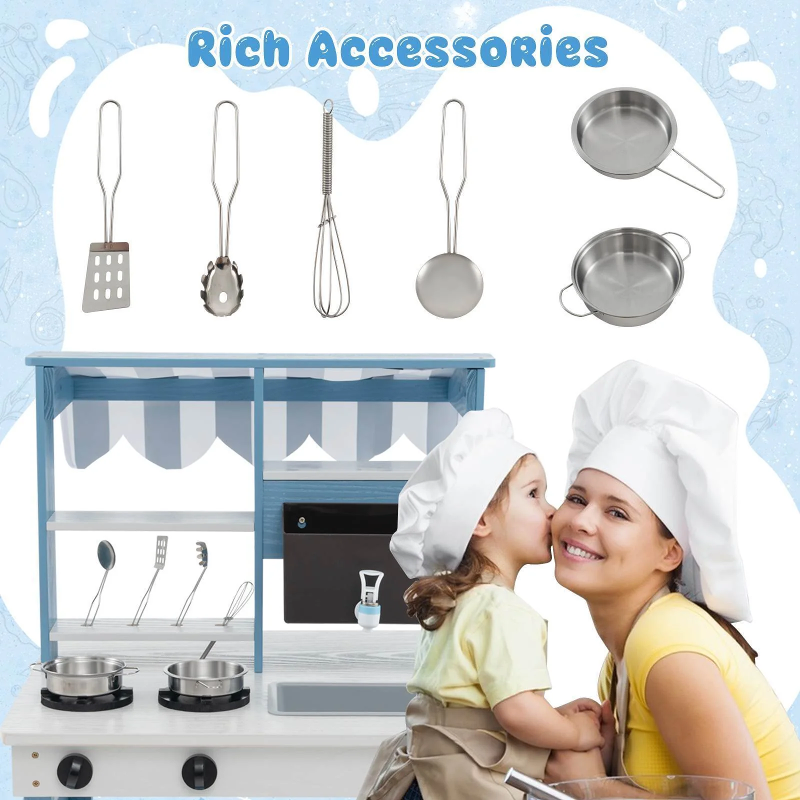 2-In-1 Double-Sided Kids Kitchen Playset Wooden Pretend Play Kitchen w/Canopy - Image 5