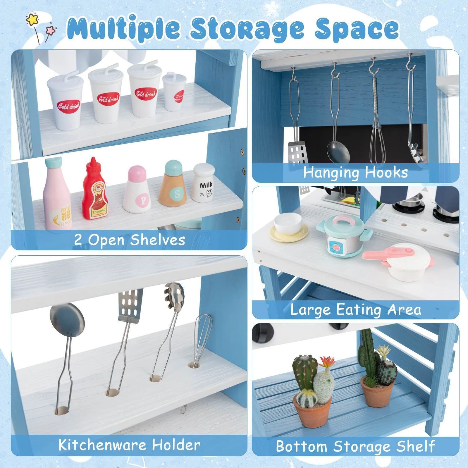 2-In-1 Double-Sided Kids Kitchen Playset Wooden Pretend Play Kitchen w/Canopy - Image 6