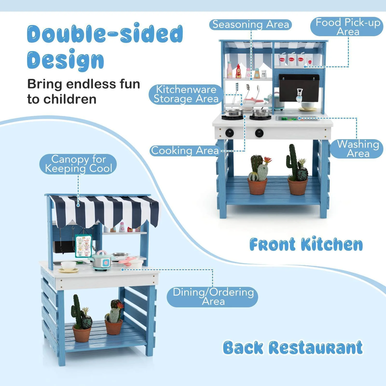 2-In-1 Double-Sided Kids Kitchen Playset Wooden Pretend Play Kitchen w/Canopy - Image 9