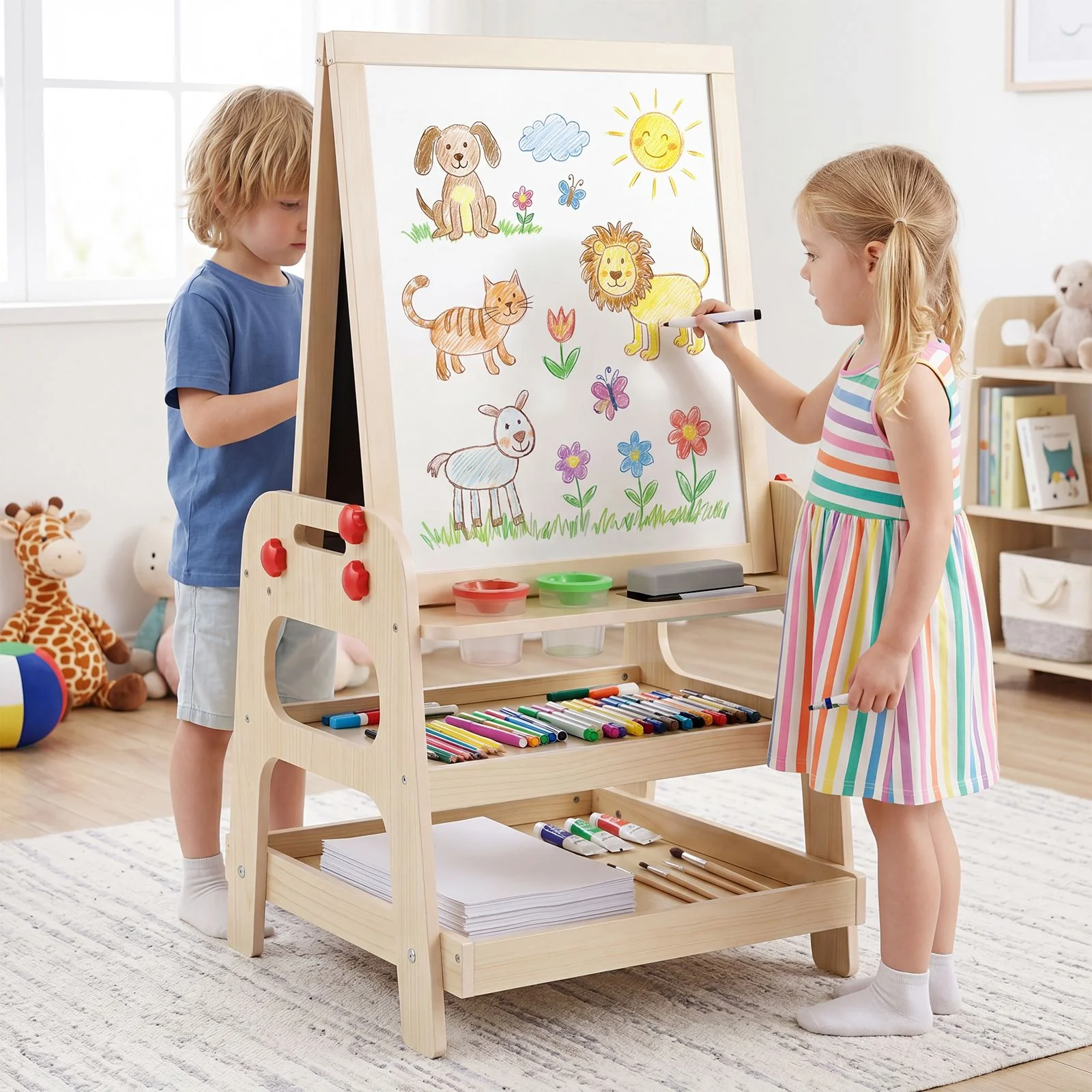 2-in-1 Easel for Kids Wooden Art Easel with Magnetic Whiteboard and Marble Run - Image 2