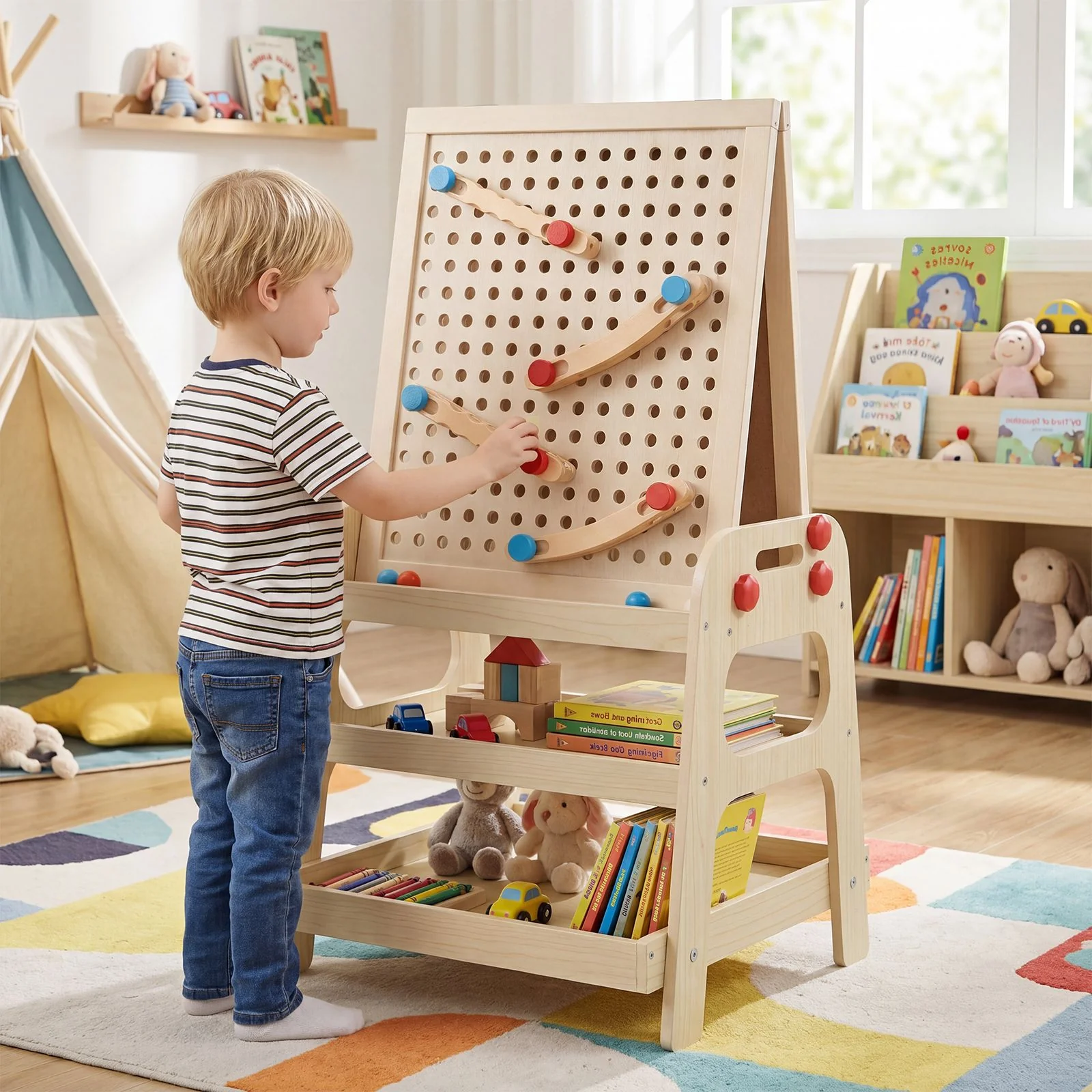 2-in-1 Easel for Kids Wooden Art Easel with Magnetic Whiteboard and Marble Run - Image 3