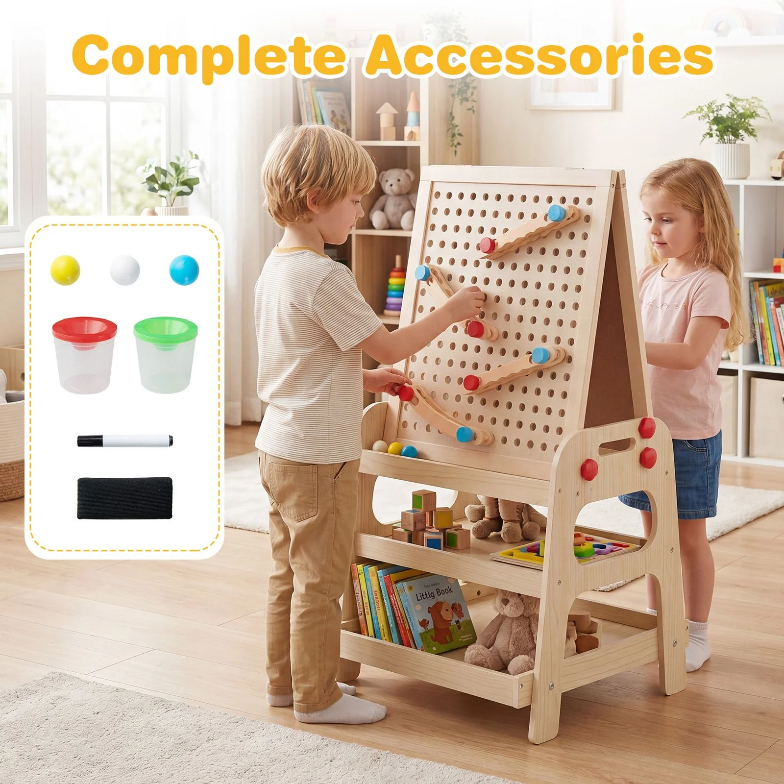 2-in-1 Easel for Kids Wooden Art Easel with Magnetic Whiteboard and Marble Run - Image 4