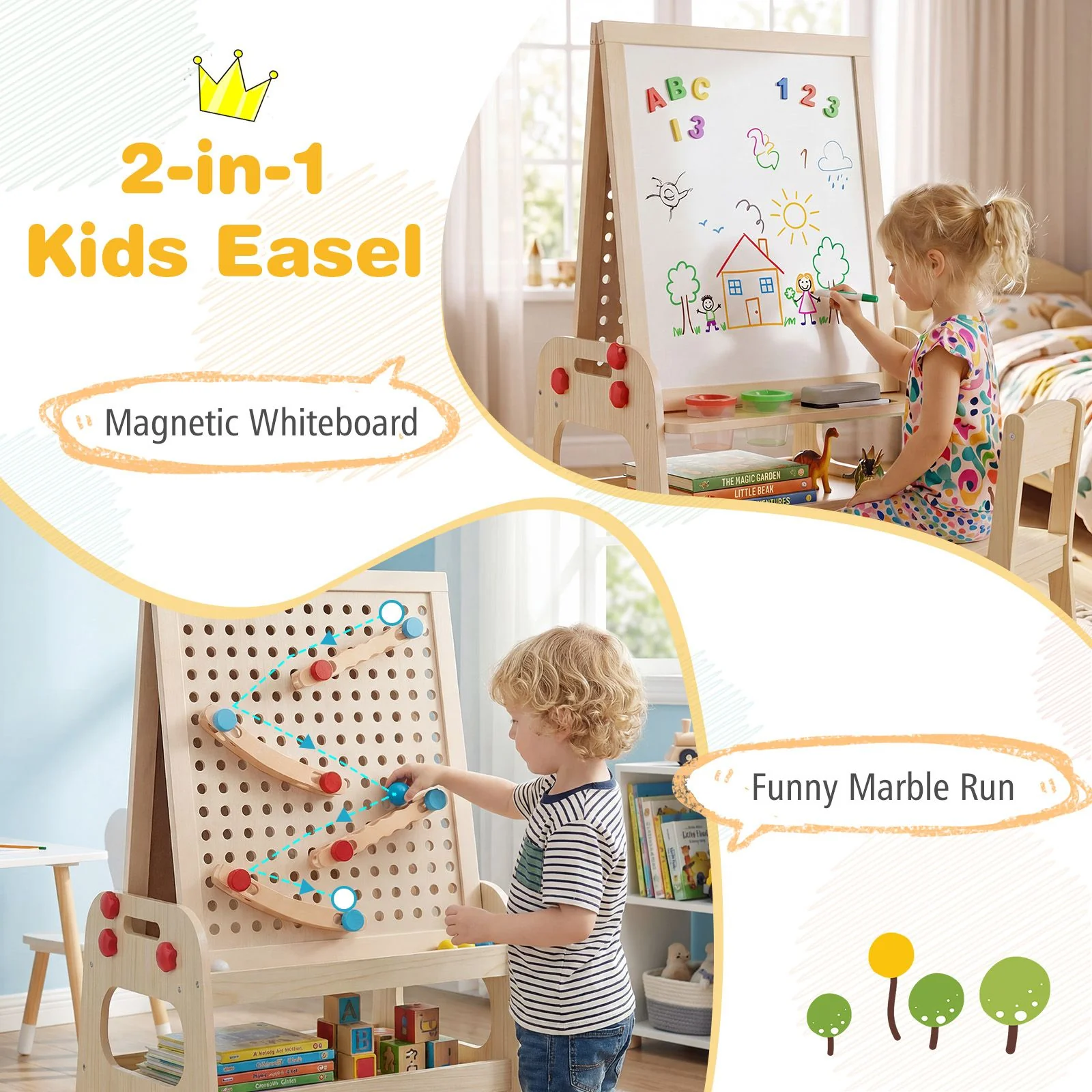 2-in-1 Easel for Kids Wooden Art Easel with Magnetic Whiteboard and Marble Run - Image 5