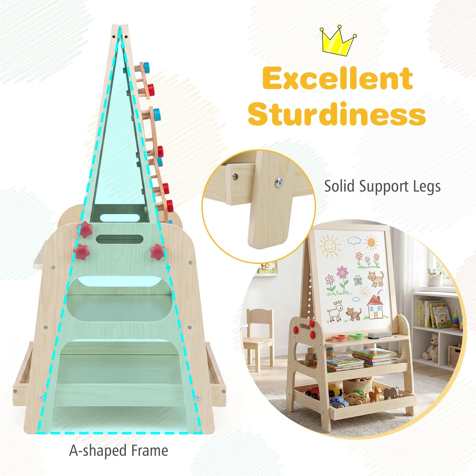 2-in-1 Easel for Kids Wooden Art Easel with Magnetic Whiteboard and Marble Run - Image 7