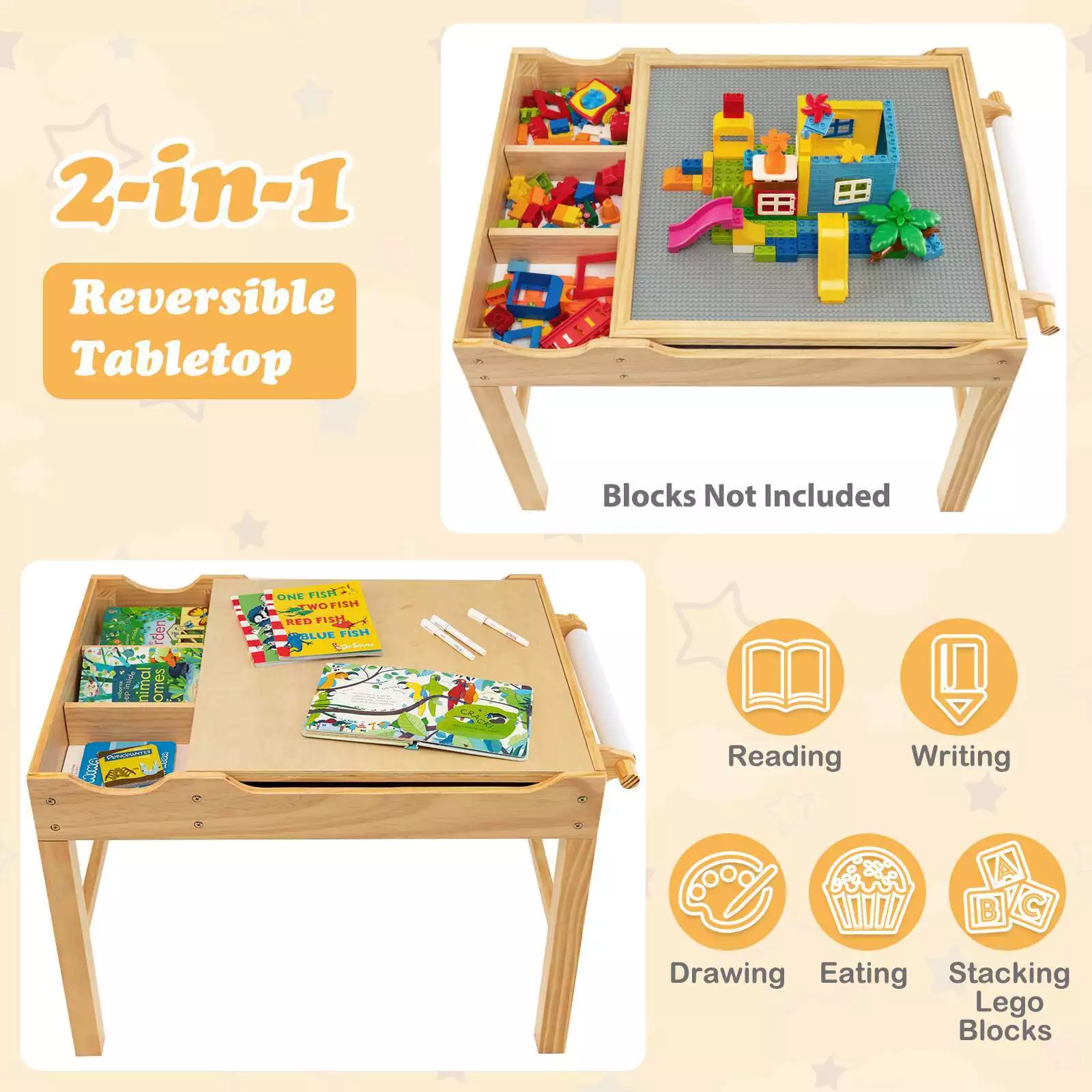 2-in-1 Kids Activity Table Wooden Play Desk w/Reversible Tabletop & Paper Roll - Image 10