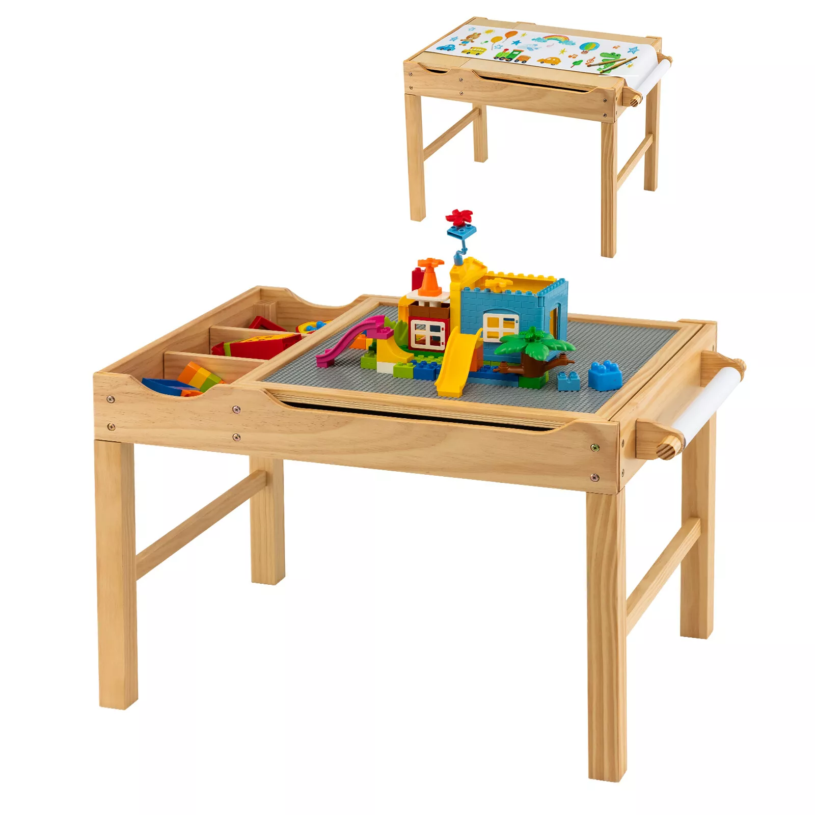 2-in-1 Kids Activity Table Wooden Play Desk w/Reversible Tabletop & Paper Roll - Image 11