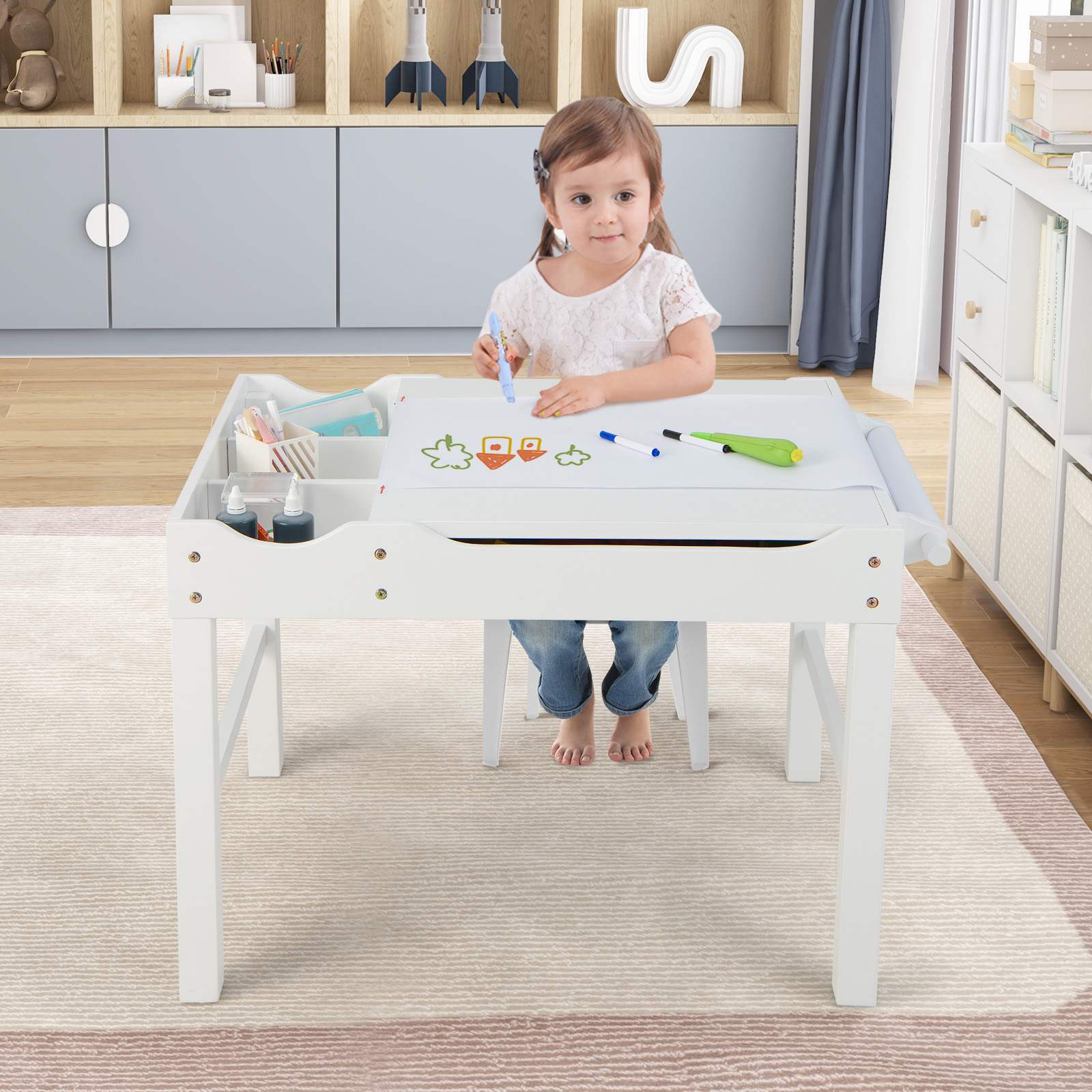 2-in-1 Kids Activity Table Wooden Play Desk w/Reversible Tabletop & Paper Roll - Image 2