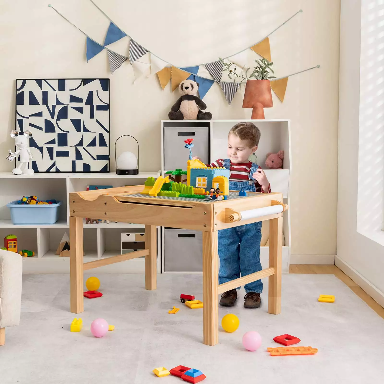2-in-1 Kids Activity Table Wooden Play Desk w/Reversible Tabletop & Paper Roll - Image 3