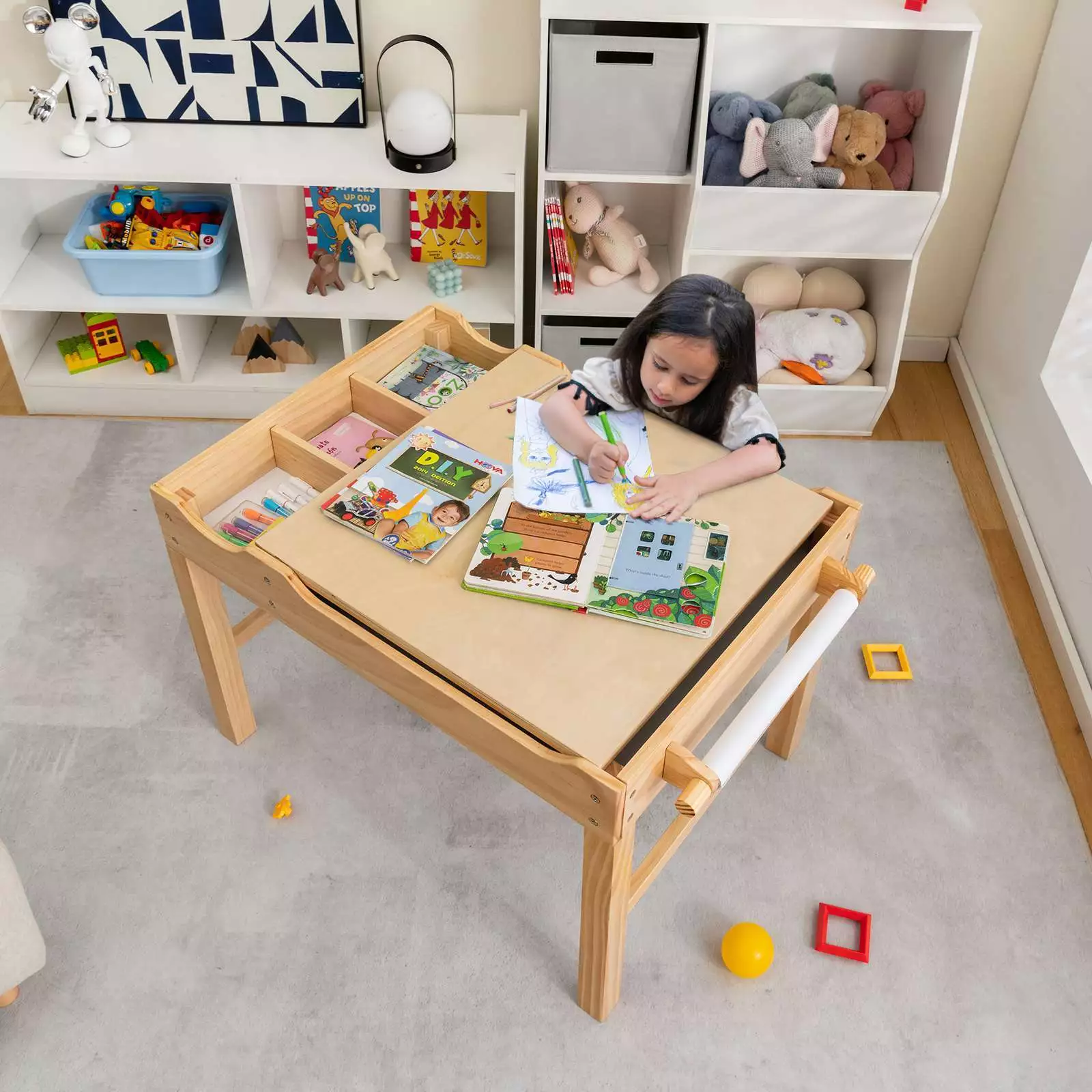 2-in-1 Kids Activity Table Wooden Play Desk w/Reversible Tabletop & Paper Roll - Image 4