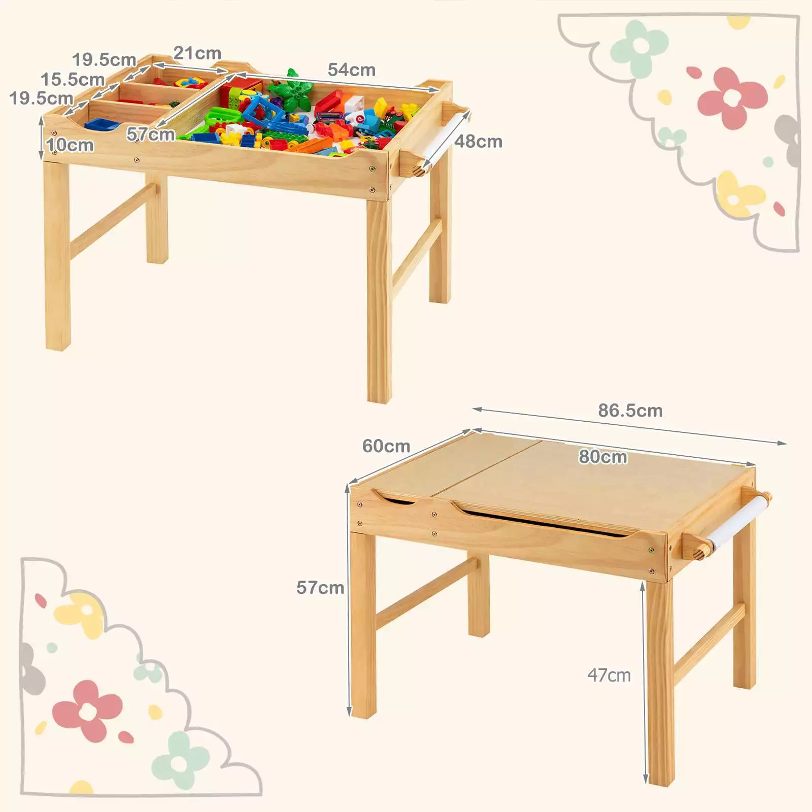 2-in-1 Kids Activity Table Wooden Play Desk w/Reversible Tabletop & Paper Roll - Image 5